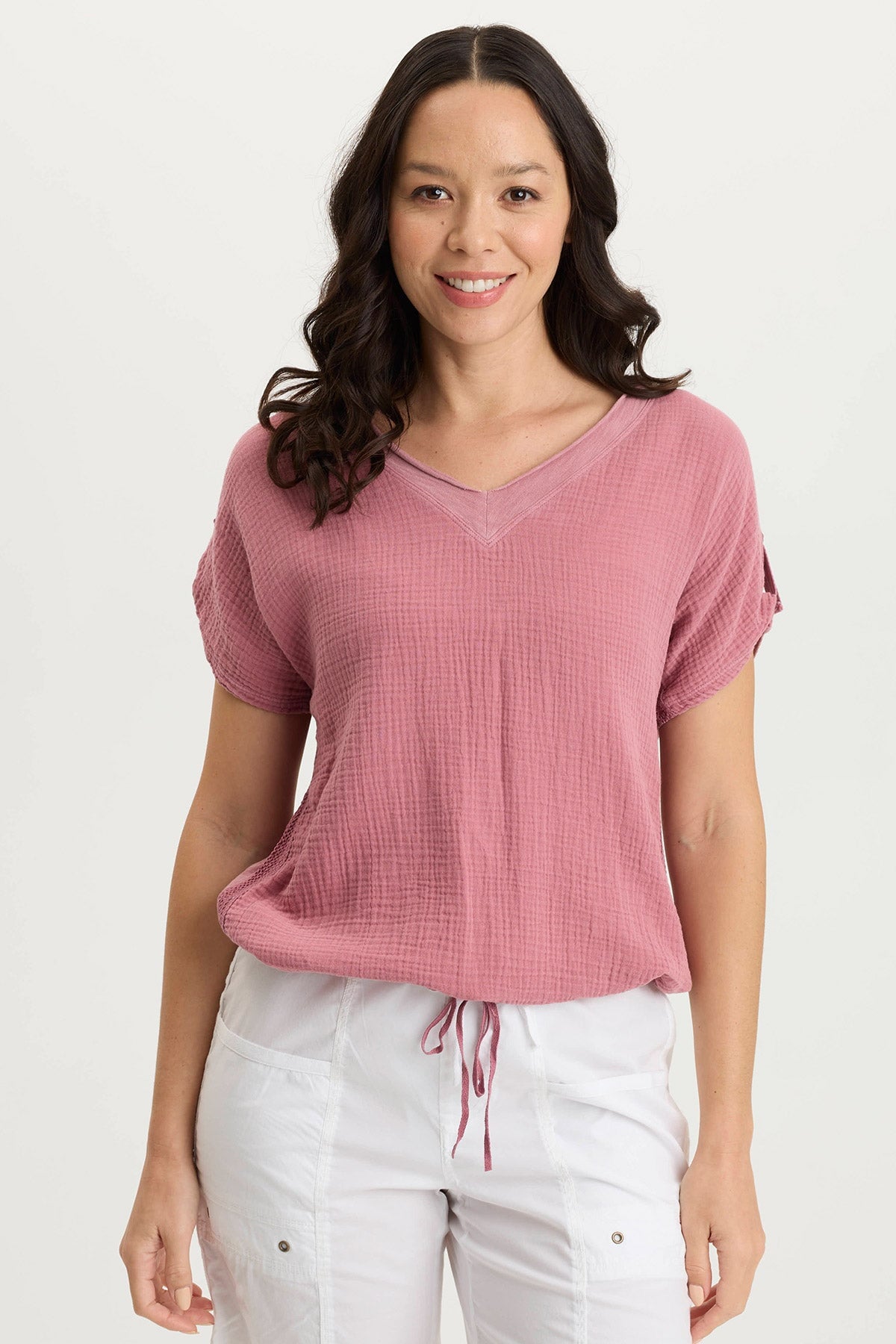 Bower Gauze & Jersey Tabbed Sleeve Bubble Hem V-Neck Tee - Soft Casual Women's T-Shirt for Everyday Wear, Date Night & Summer Outfits