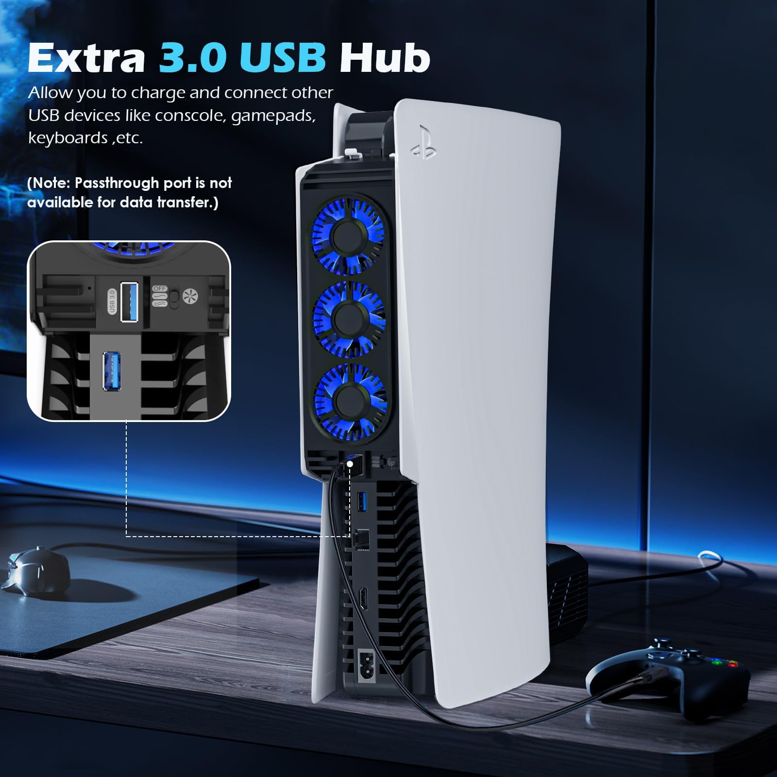 Upgraded PS5 Cooling Fan with LED Light & USB 3.0 Hubs - Quiet Horizontal Cooling System for PS5 Disc/Digital Edition - Perfect for Gaming Marathons & Console Protection