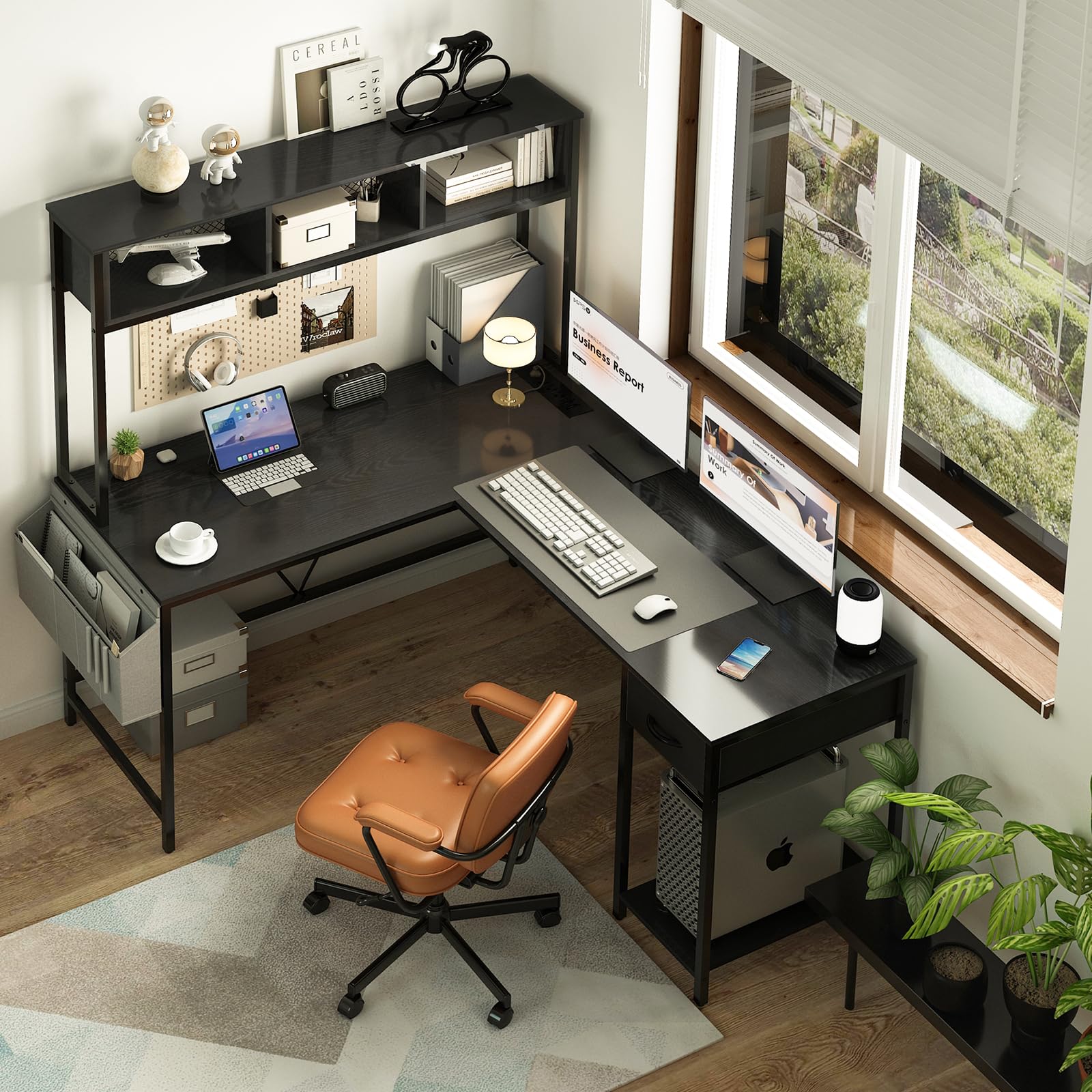 Yoobure L-Shaped Gaming Desk with LED Lights & Power Outlet - Reversible Computer Corner Desk with Storage Shelf, Drawer & Organizer Bag - Ergonomic Home Office Workstation for 2 People (Black) - Perfect for Small Spaces, Gaming Setups & Shared Workspaces