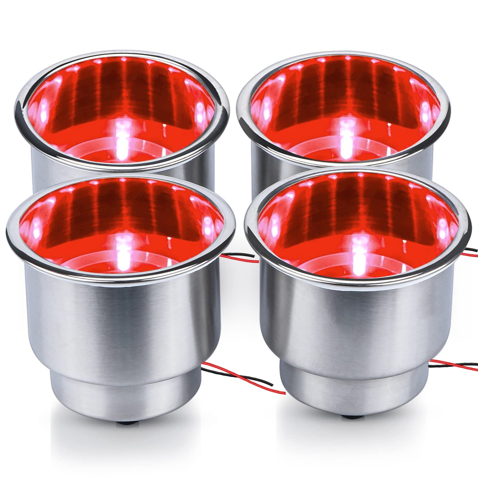 Marinebaby 4-Pack Blue & Red LED Stainless Steel Cup Holders with Drain - Waterproof Boat Drink Accessories for Yacht, RV, Camper | Perfect for Night Cruising, Camping & Outdoor Adventures