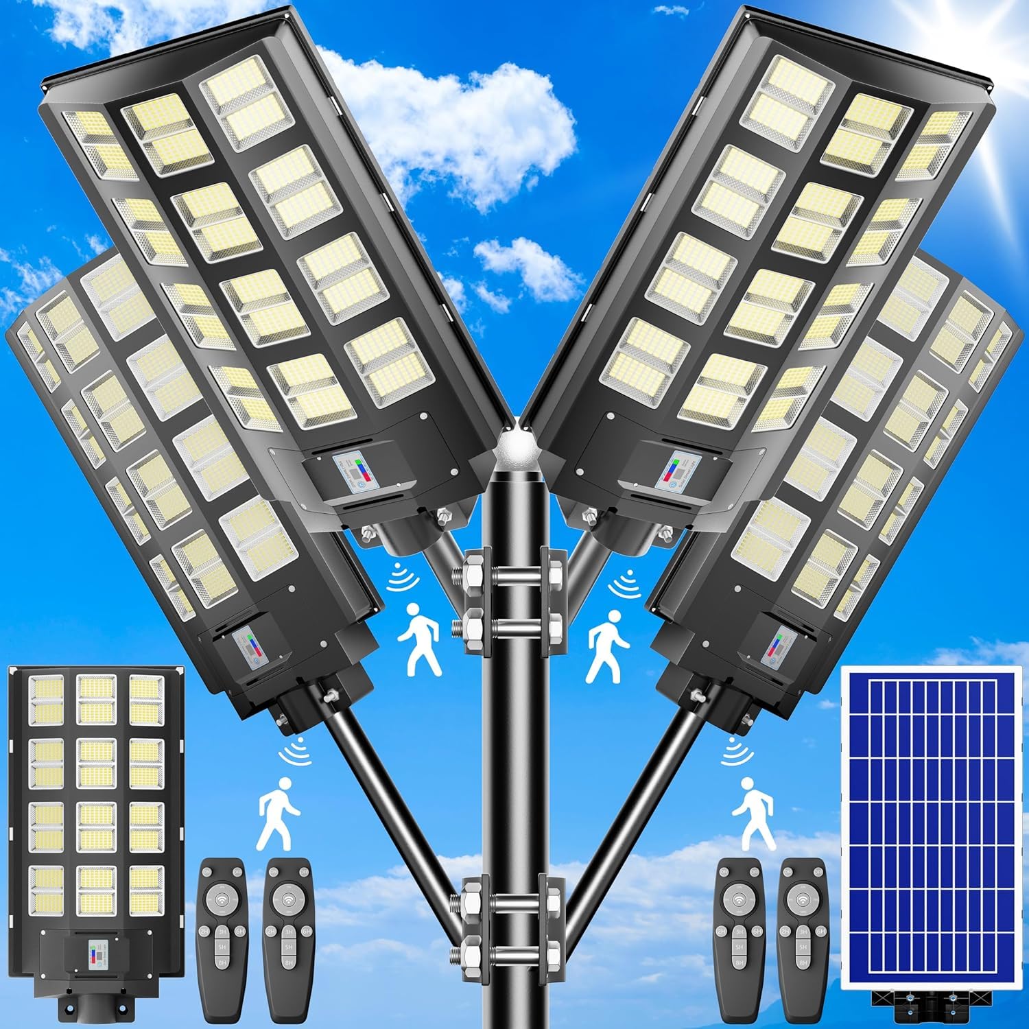 4-Pack 3200W Solar Street Lights Outdoor Waterproof - 240000LM 7000K LED Solar Powered Street Lights with Motion Sensor & Dusk to Dawn - Wide Angle Lighting for Driveway, Garden, Pathway, and Backyard Security