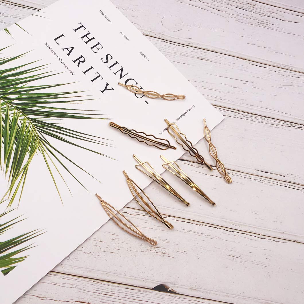 Geometric Hair Clips Set - 8pcs Minimalist Metal Hairpins, Barrettes & Bobby Pins for Women & Girls - Gold Hair Accessories for Wedding, Party & Everyday Styling