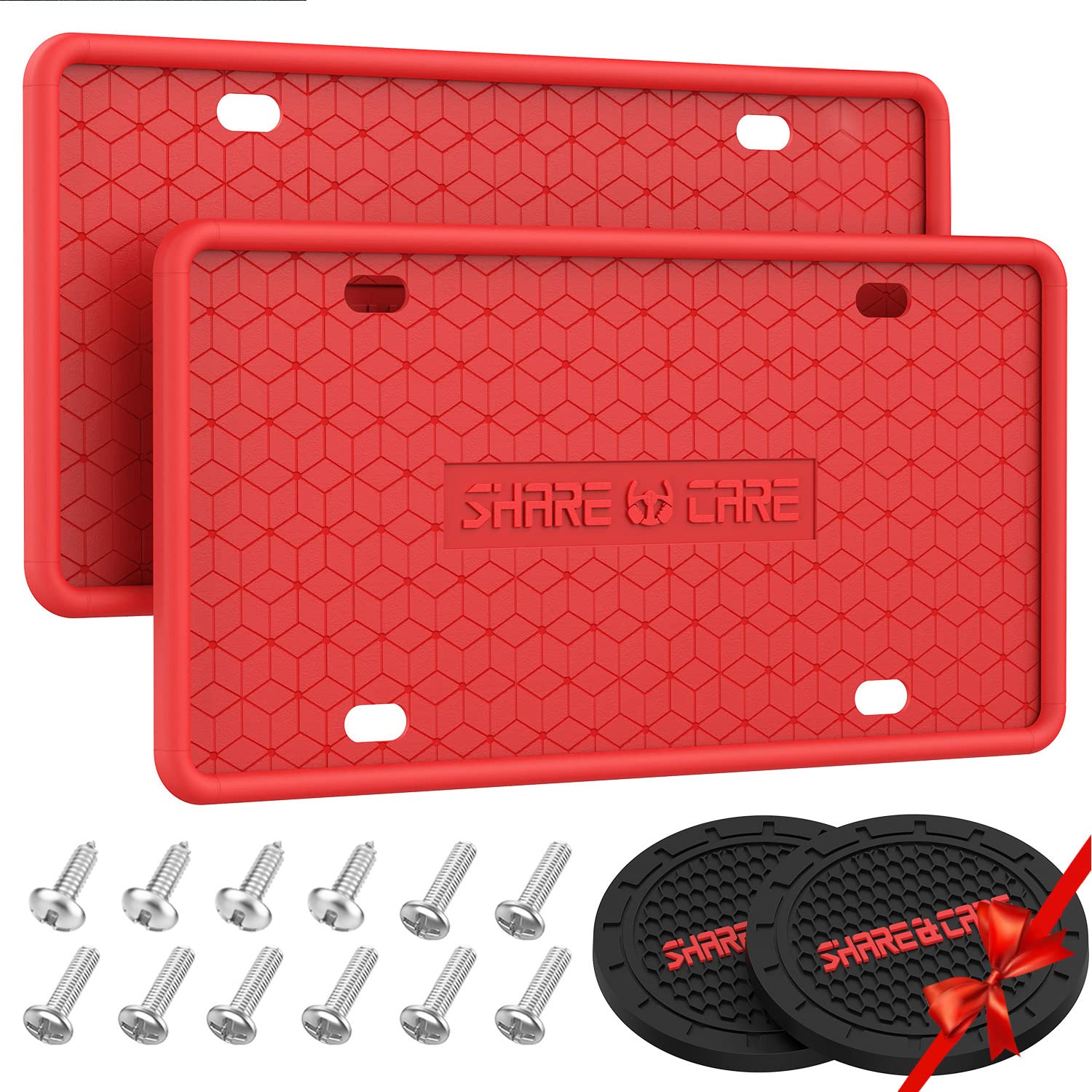 2 Pack Silicone License Plate Frame Set - Rustproof & Weatherproof Front & Back License Plate Cover with Anti-Rattle Design - Fits US & CA Standard Cars + 2 Bonus Non-Slip Drink Coasters (Red) - Perfect for Car Enthusiasts & Daily Commuters