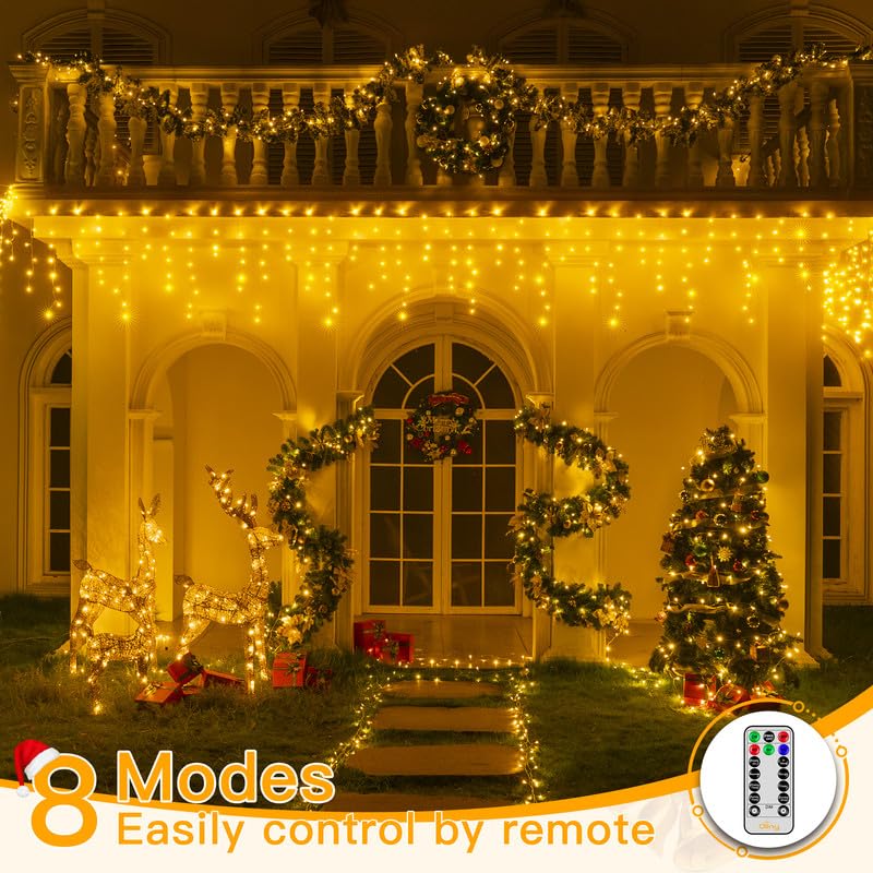 396LED 32FT Outdoor Christmas Icicle Lights - Warm White Waterproof Hanging Lights with Remote & 8 Lighting Modes - Connectable Plug-in Holiday Decor for Roof, House, Garden, and Indoor Use - Perfect for Christmas, New Year, and Winter Festival Decorations