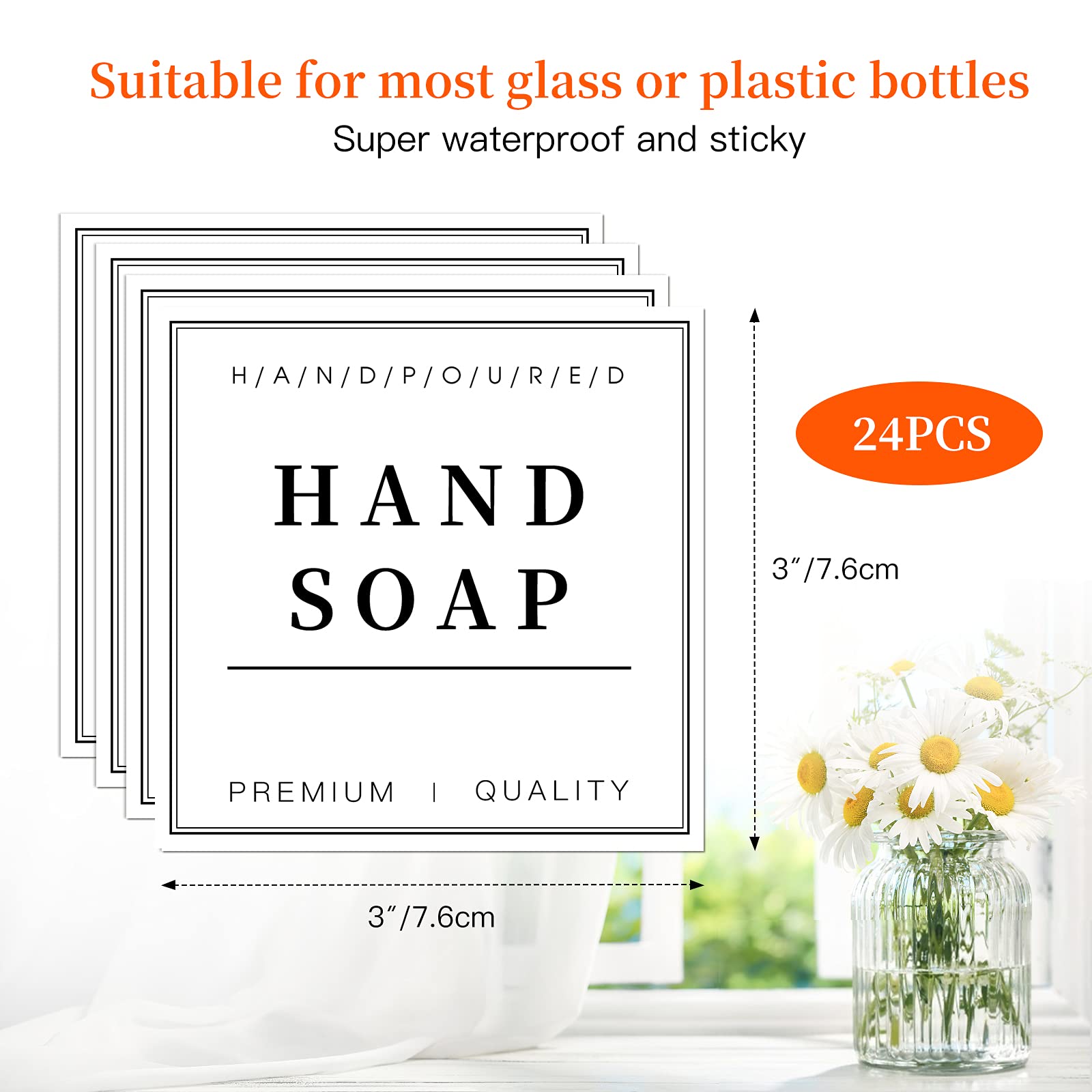 24 Pack White Waterproof Removable Labels for Bottles - Shampoo, Conditioner, Hand Soap Dispenser Stickers - Perfect for Glass & Plastic Spray Bottles - Ideal for Bathroom Organization & Cleaning Supplies Storage