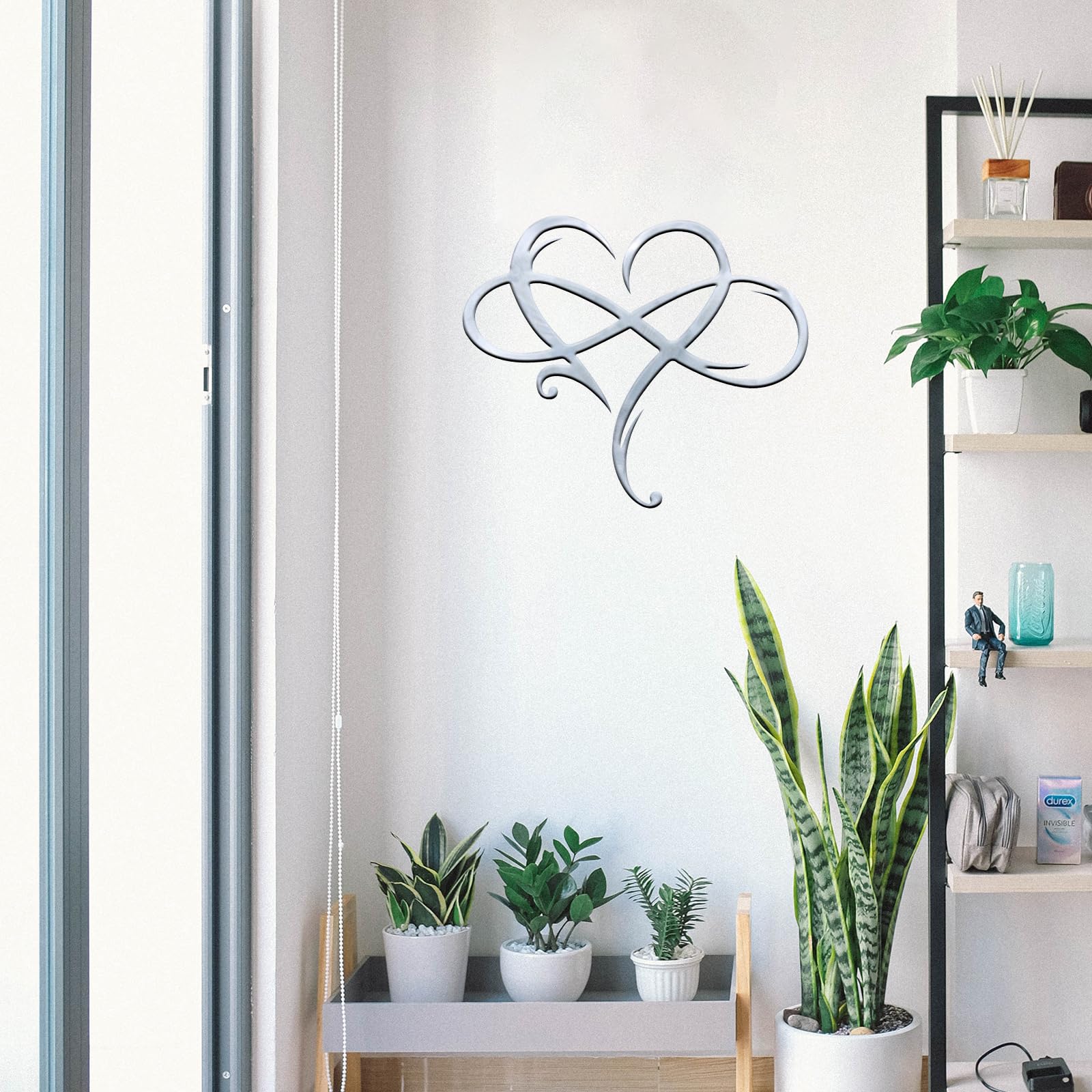 Infinity Heart Metal Wall Art - Elegant Geometric Steel Wall Decor for Bedroom, Living Room, Wedding - Unique Love Sign Plaque & Home Ornament - 11.4x13.7 Inch Silver Wall Hanging for Romantic Decor, Housewarming Gift & Anniversary Present