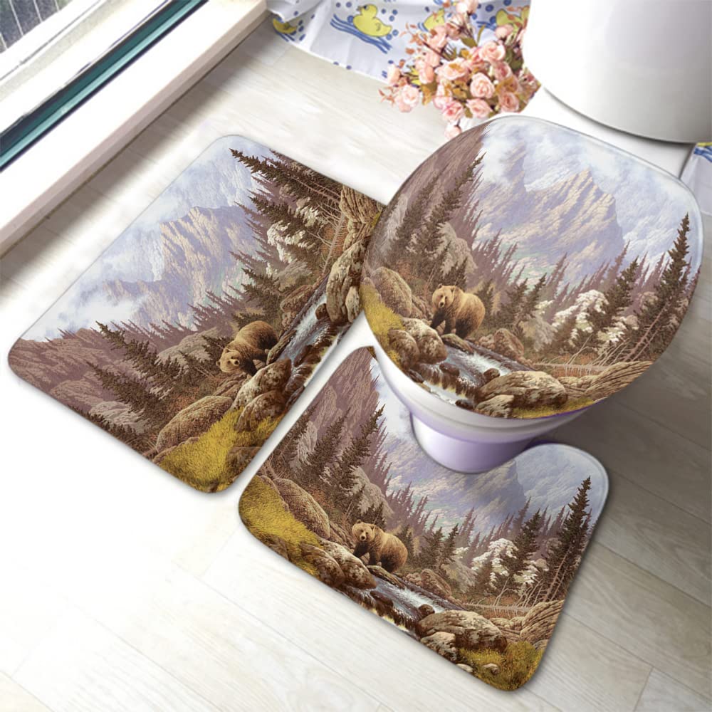Zaueky Grizzly Bear 3-Piece Bathroom Rug Set - Non-Slip Bath Mat with Rubber Backing, U-Shaped Contour Rug & Toilet Lid Cover - Rocky Mountains Primitive Nature Forest Theme for Cozy Cabin, Lodge or Rustic Home Decor