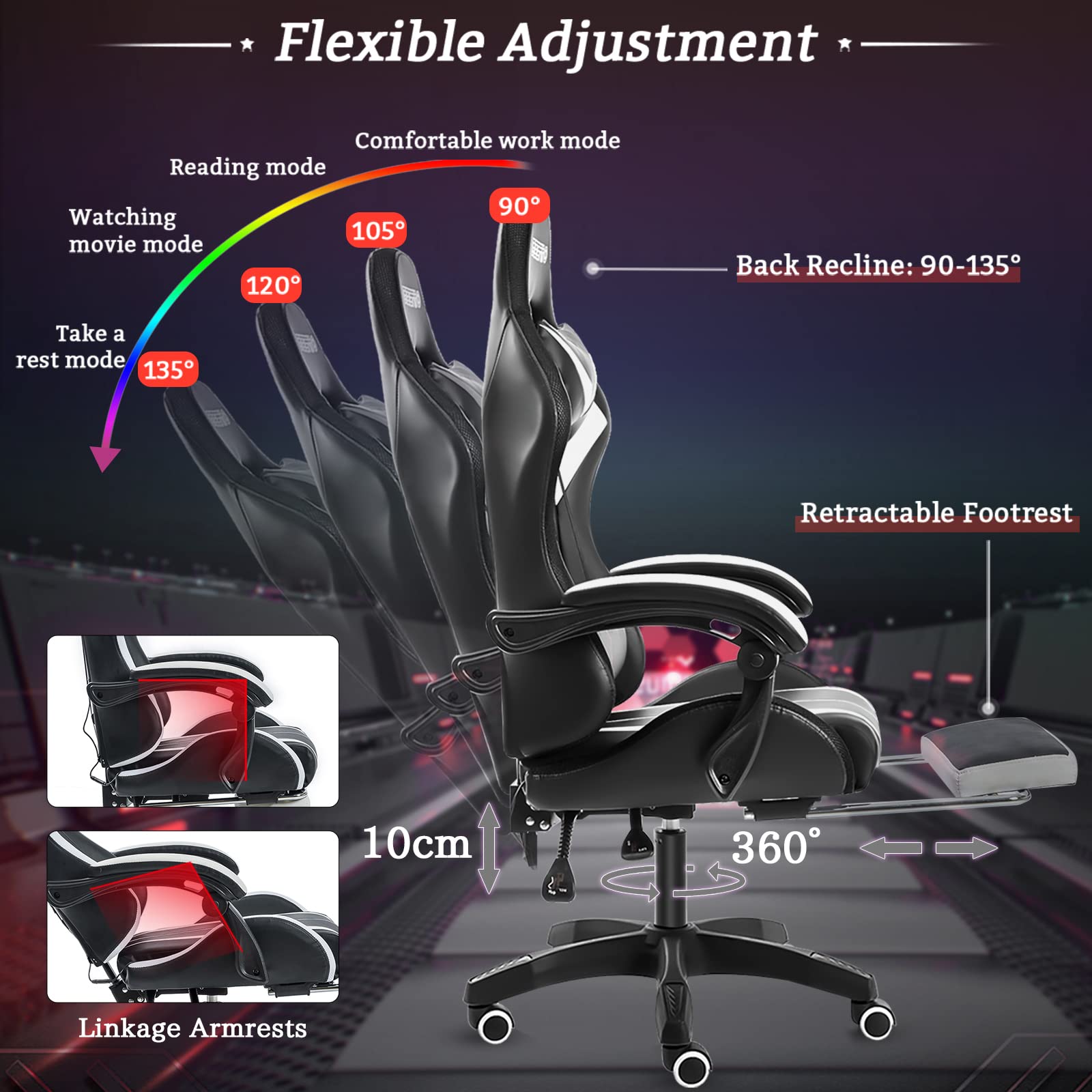 RGB Gaming Chair with LED Lights & Massage - Ergonomic High Back Computer Chair with Adjustable Lumbar Support, Footrest & Linkage Armrest - White & Black for Esports, Streaming & Home Office Setup