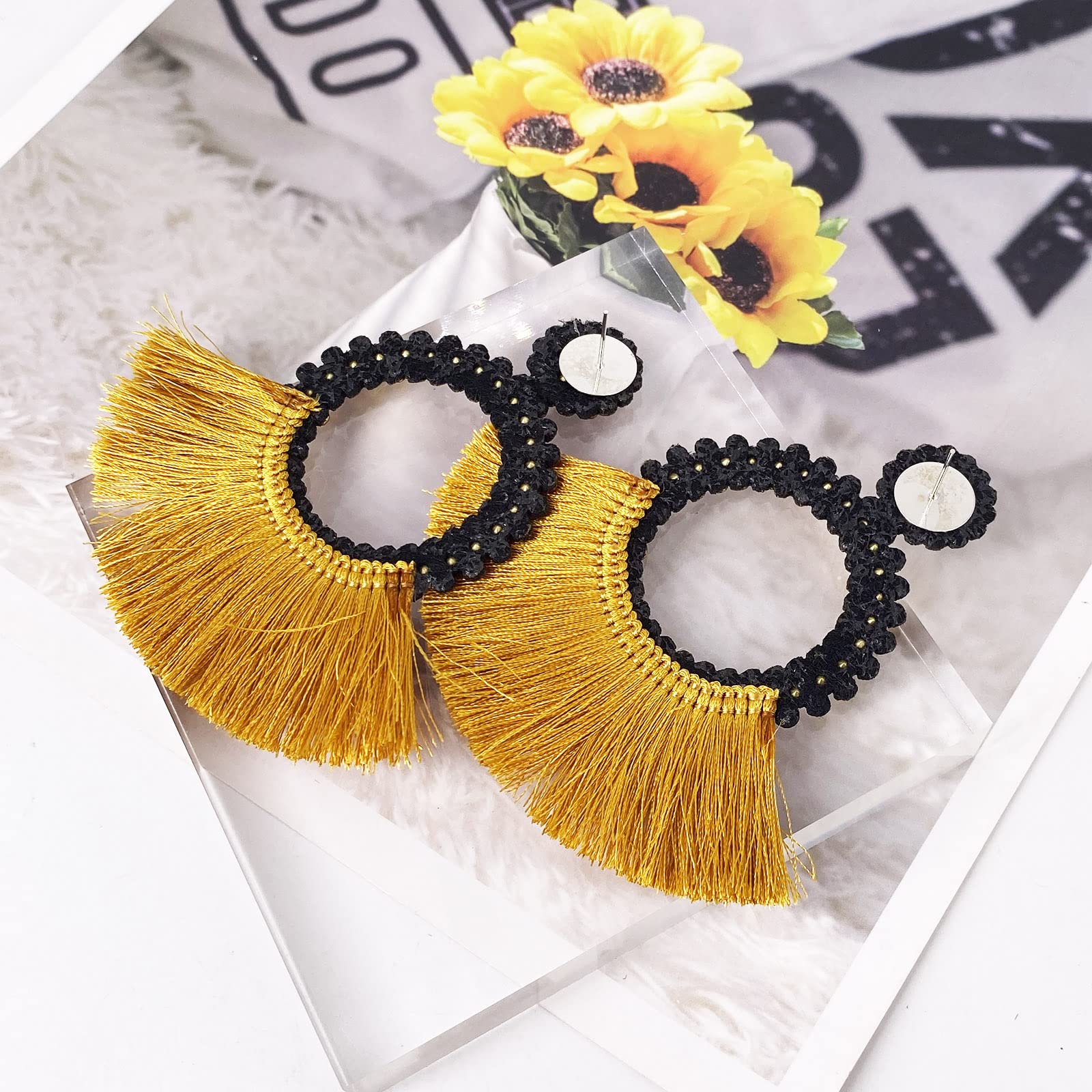 Boho Crystal Tassel Earrings for Women - Sparkly Scalloped Cotton Thread Statement Earrings 3.34