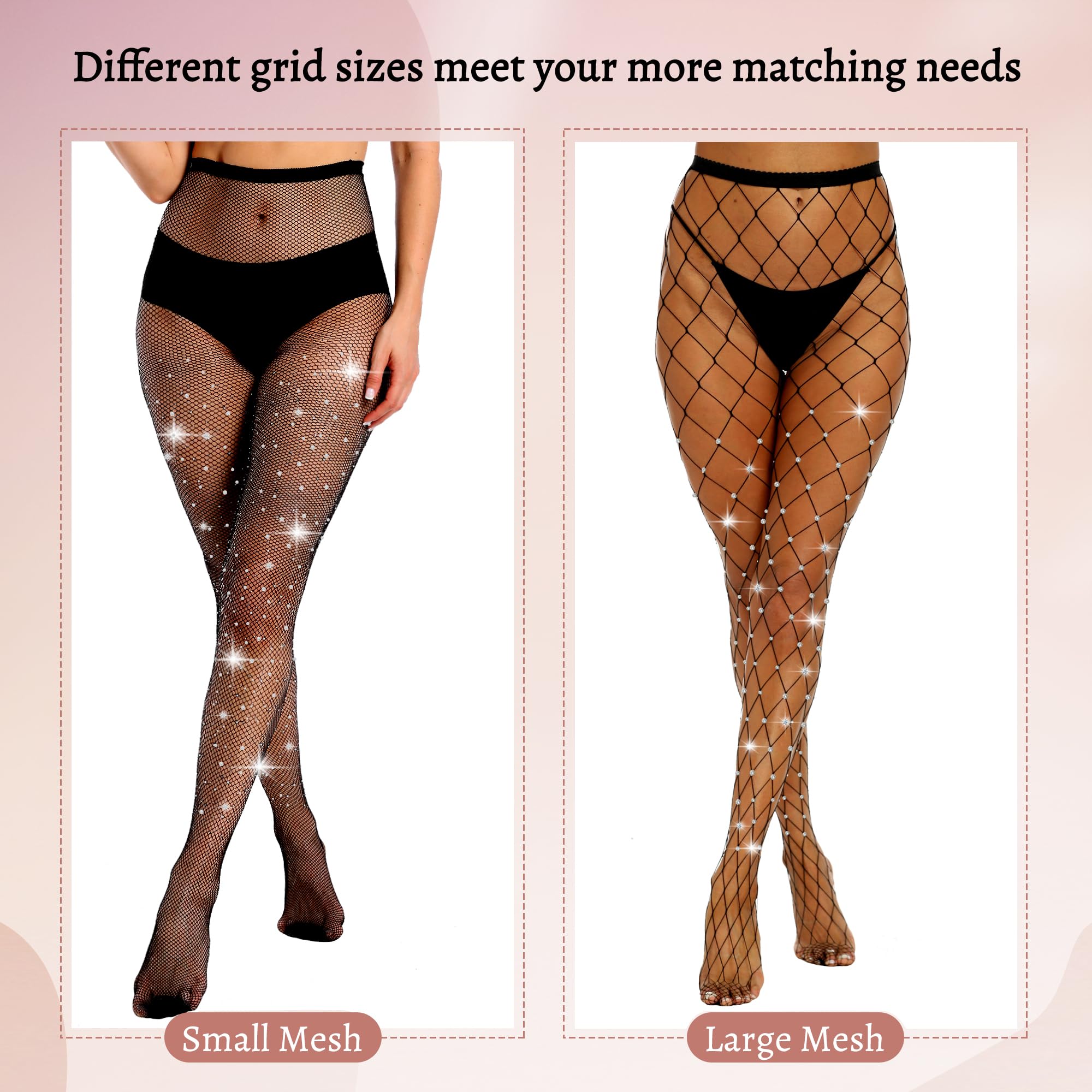 MANZI 2 Pairs Rhinestone Fishnet Tights for Women - High Waist Sparkly Glitter Stockings | Party, Halloween, Cosplay, Night Out, Stage Performance