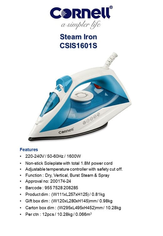 Cornell CSIS1601S 1600W Steam Iron for Clothes - Powerful Steam Output for Wrinkles Removal, Perfect for Home & Travel Use