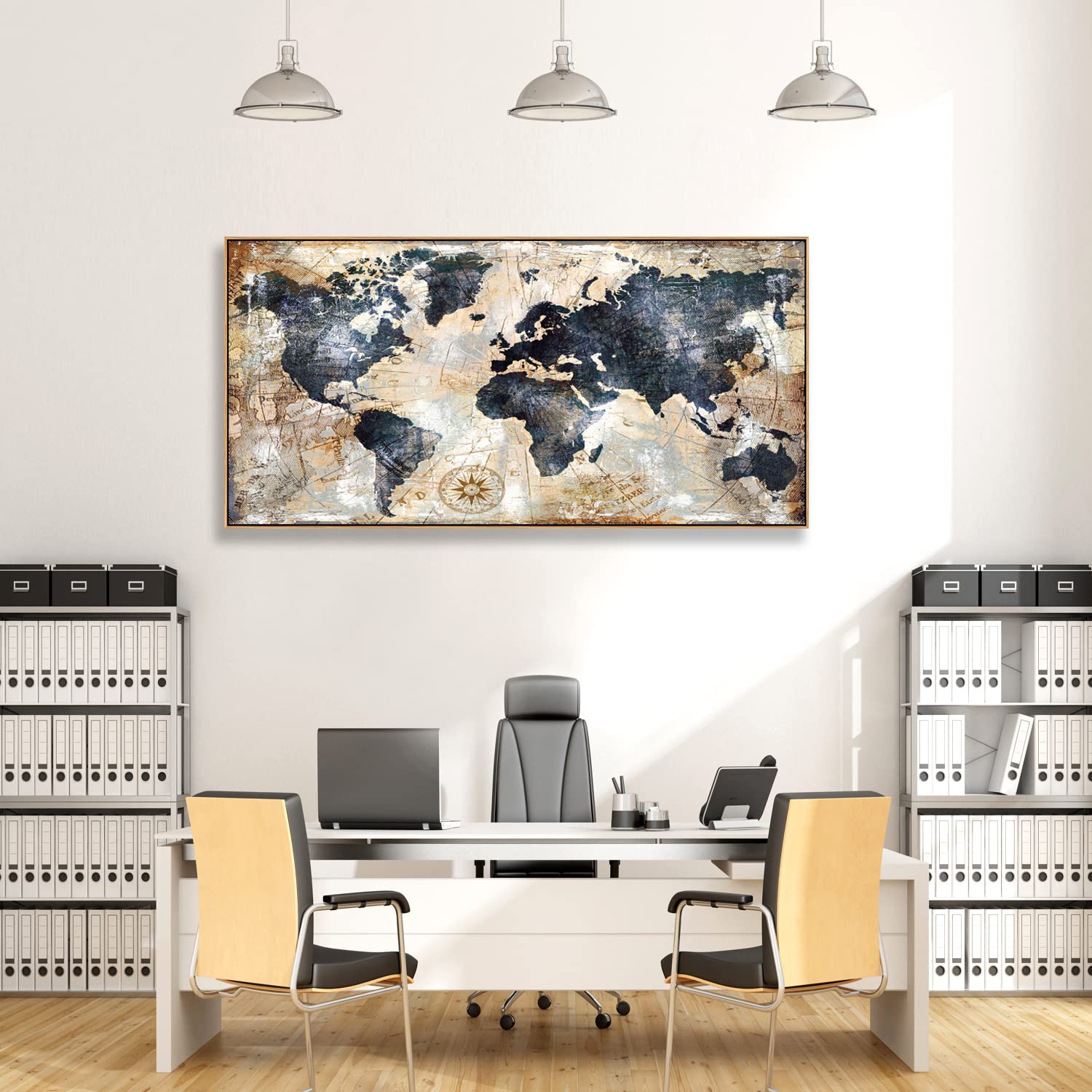 World Map Wall Art Print - Framed Canvas Decor for Home & Office - 20x40 Inch Ready to Hang - Perfect for Travel Lovers & Nautical Theme Rooms (Living Room, Bedroom, Study)