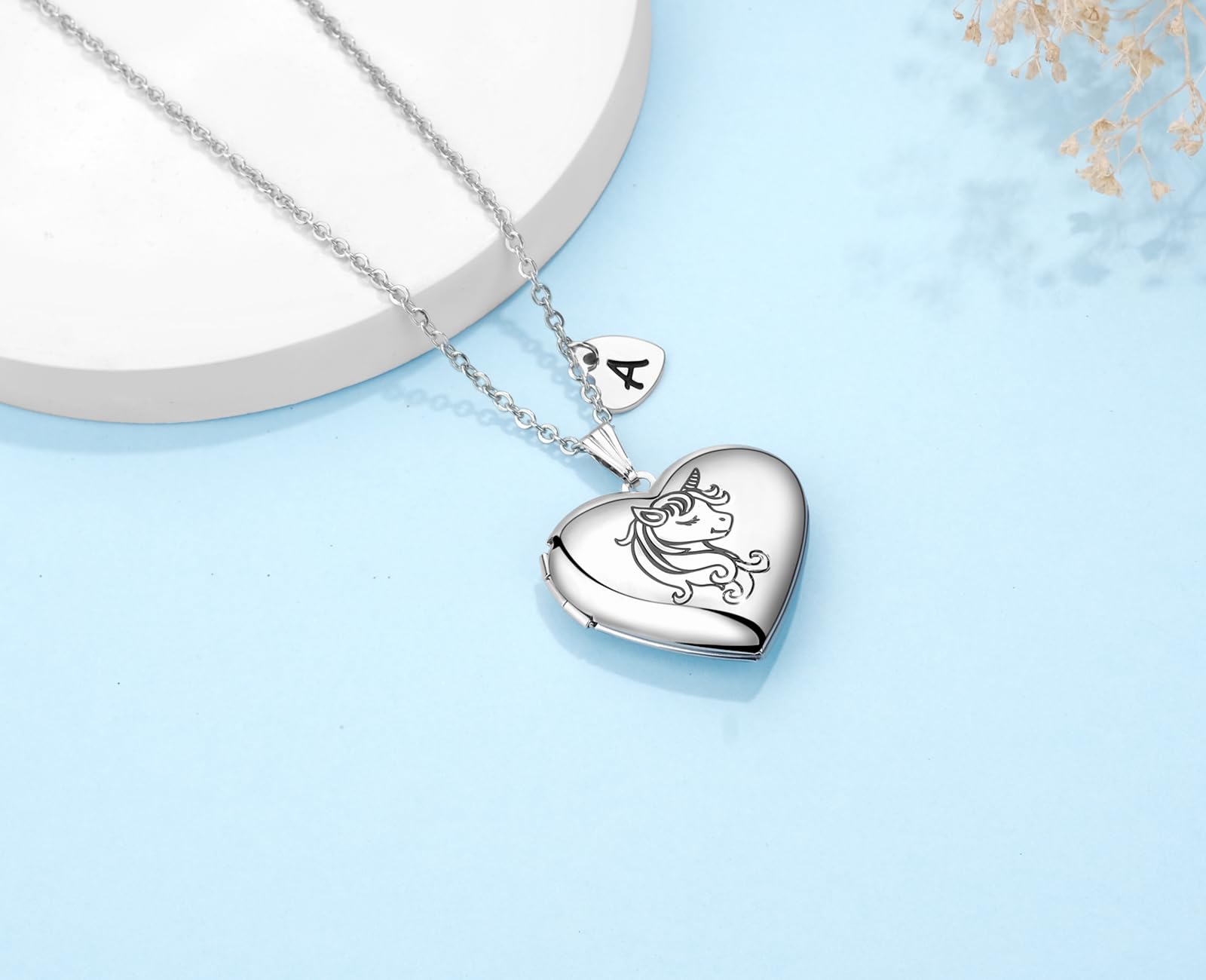 Youfeng Unicorn Heart Initial Letter Locket Necklace - Personalized Photo Pendant with Enamel Charm, Romantic Gifts for Women, Girlfriend, Wife | Perfect for Valentine's Day, Anniversary & Birthday Presents