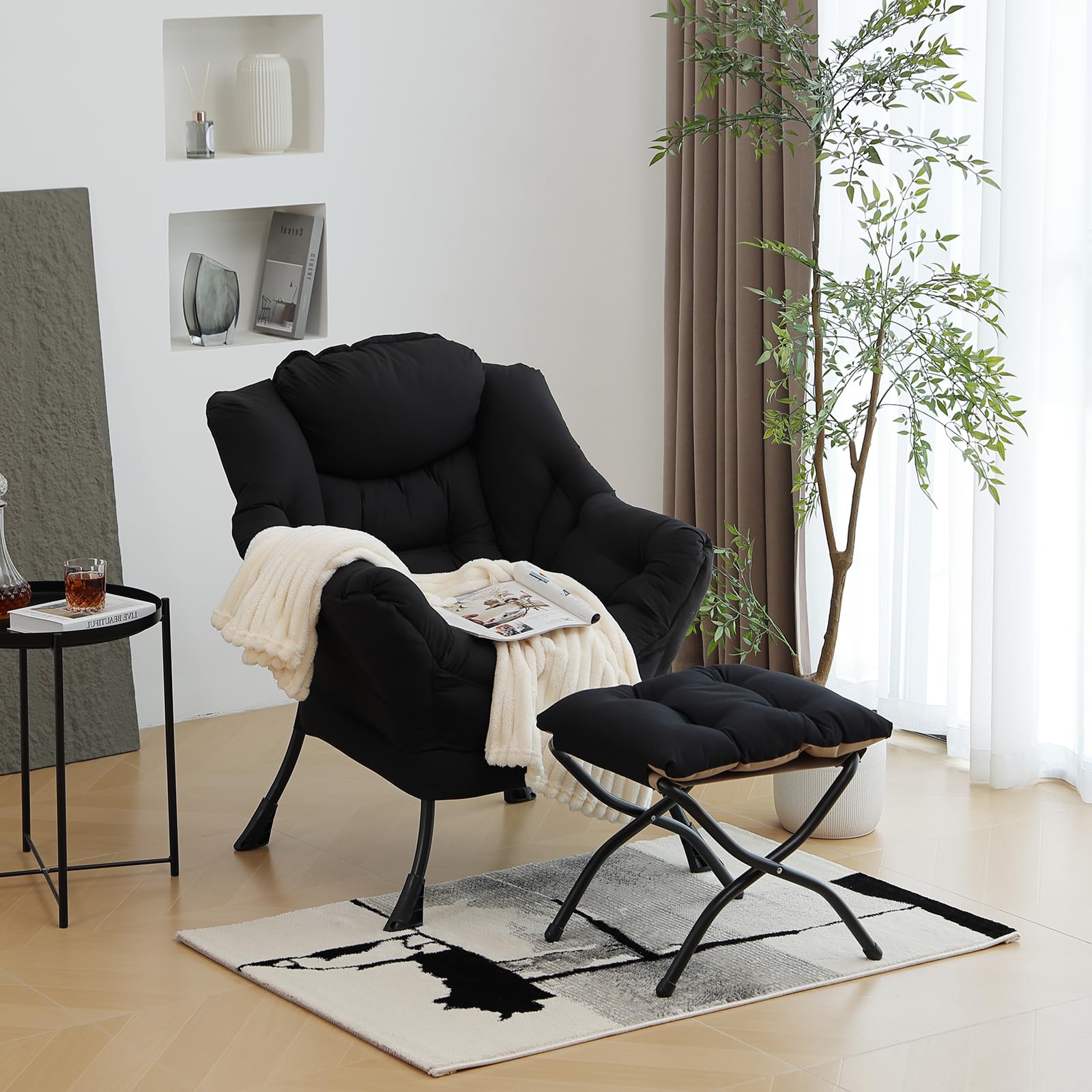 Modern Lazy Chair with Ottoman - Folding Footrest Lounge Accent Chair for Living Room - Comfortable Reading Recliner Chair (Black) - Perfect for Relaxing, Napping & Home Office Use