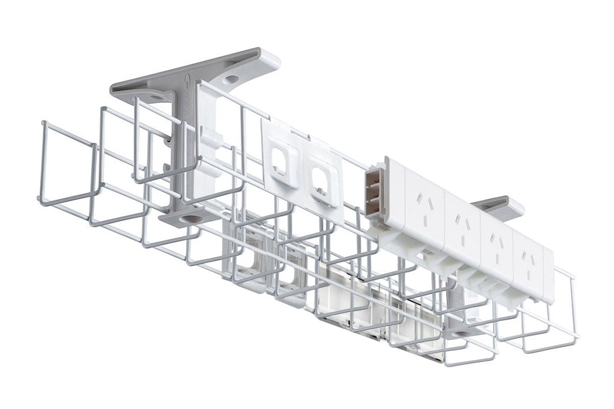 CMS Cable Management Basket - Back to Back Metal Tray with 2 x 4 Power & 4 Data Ports (950W x 105H) - Perfect for Office, Home & Server Room Wire Organization