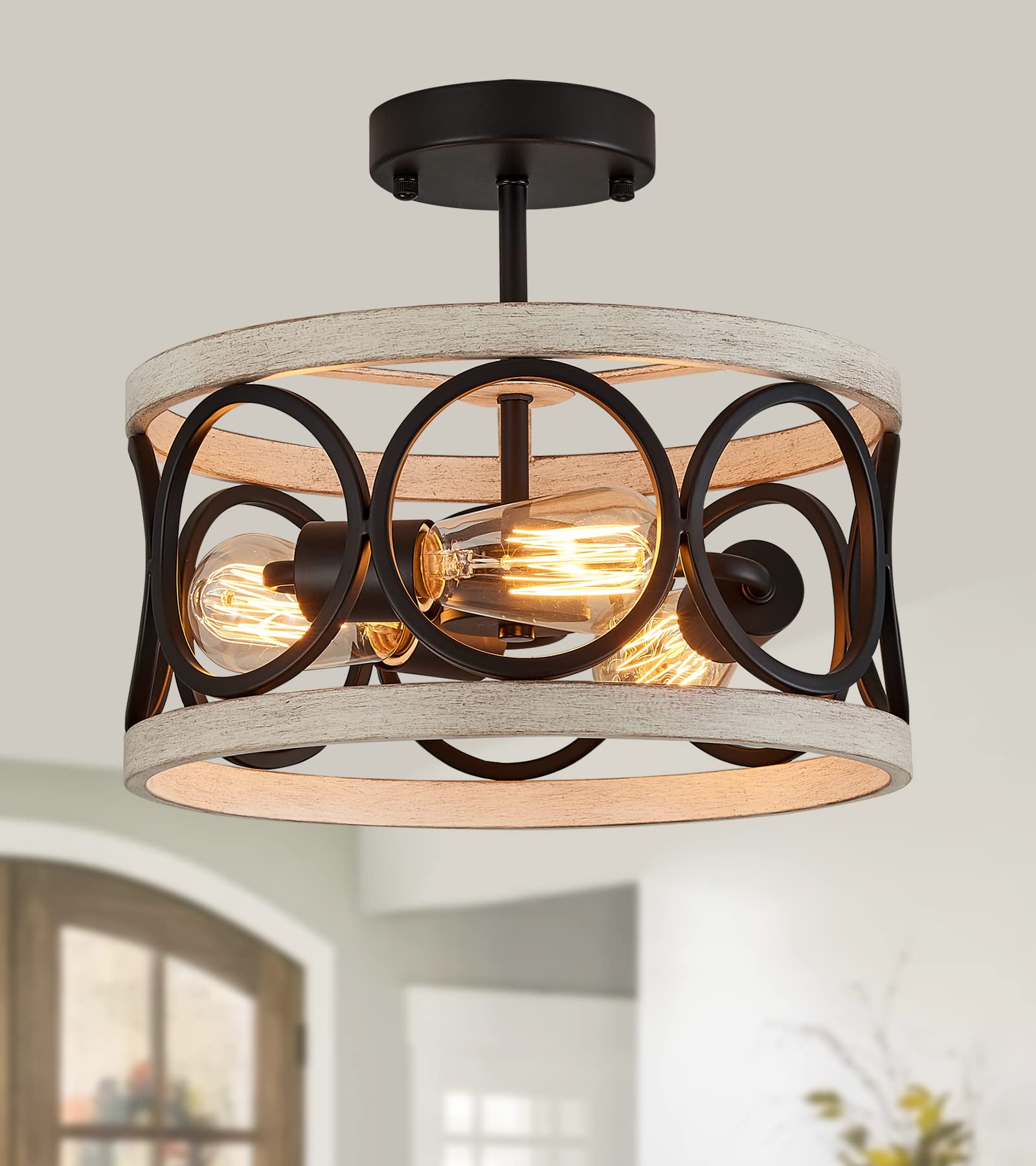 3-Lights Modern Farmhouse Ceiling Light Fixture - Black & White Birch Finish Round Metal Flush Mount Lighting - Perfect for Kitchen, Dining Room, Bedroom, Entryway & Corridors - Energy Efficient LED Compatible - Rustic Home Decor Lighting Solution