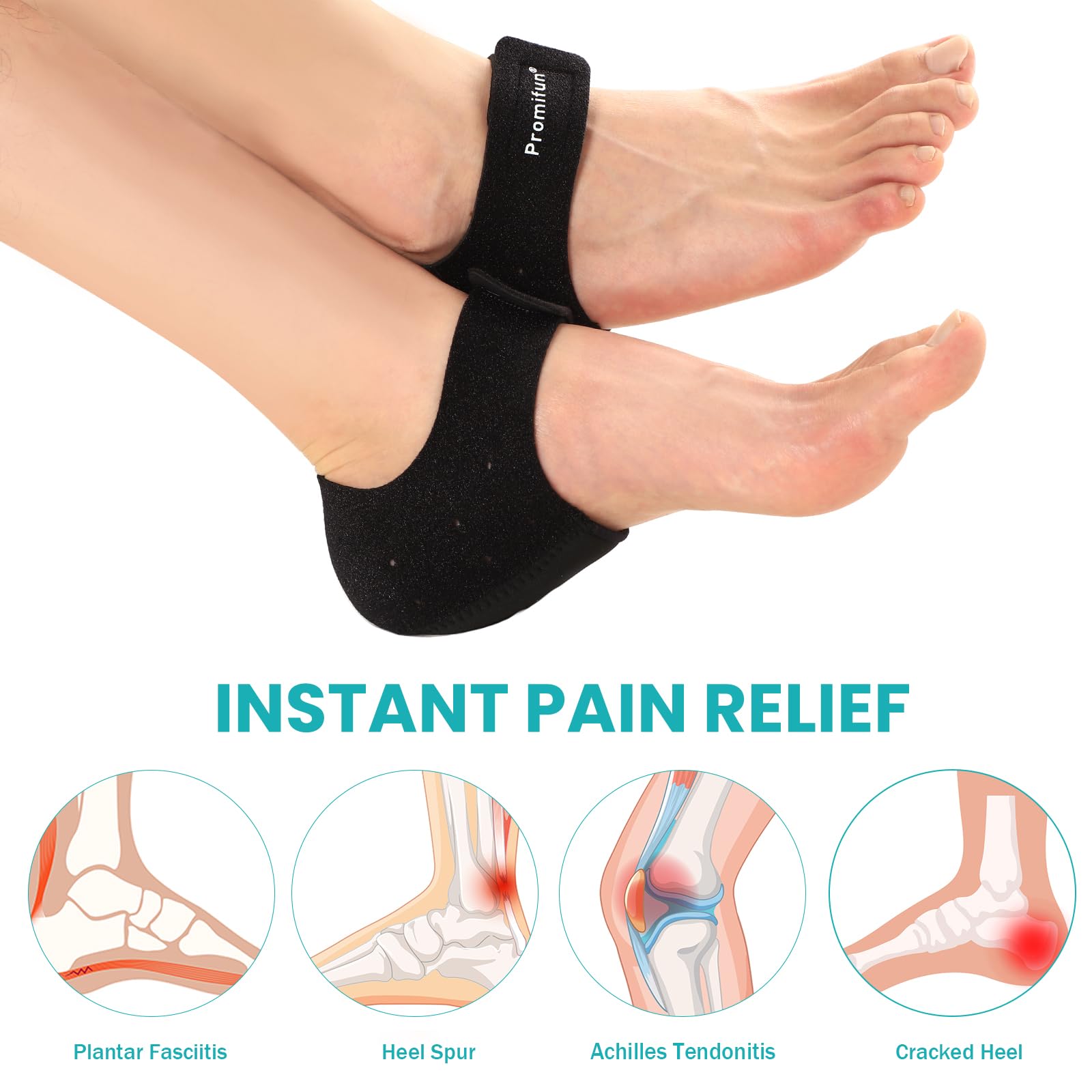 Promifun Gel Heel Cups for Plantar Fasciitis, Heel Spurs & Achilles Tendonitis - Pain Relief Cushion Pads for Cracked Heels (Black, Small: W 4.5-9 / M 5-8) - Perfect for Running, Walking & Standing All Day