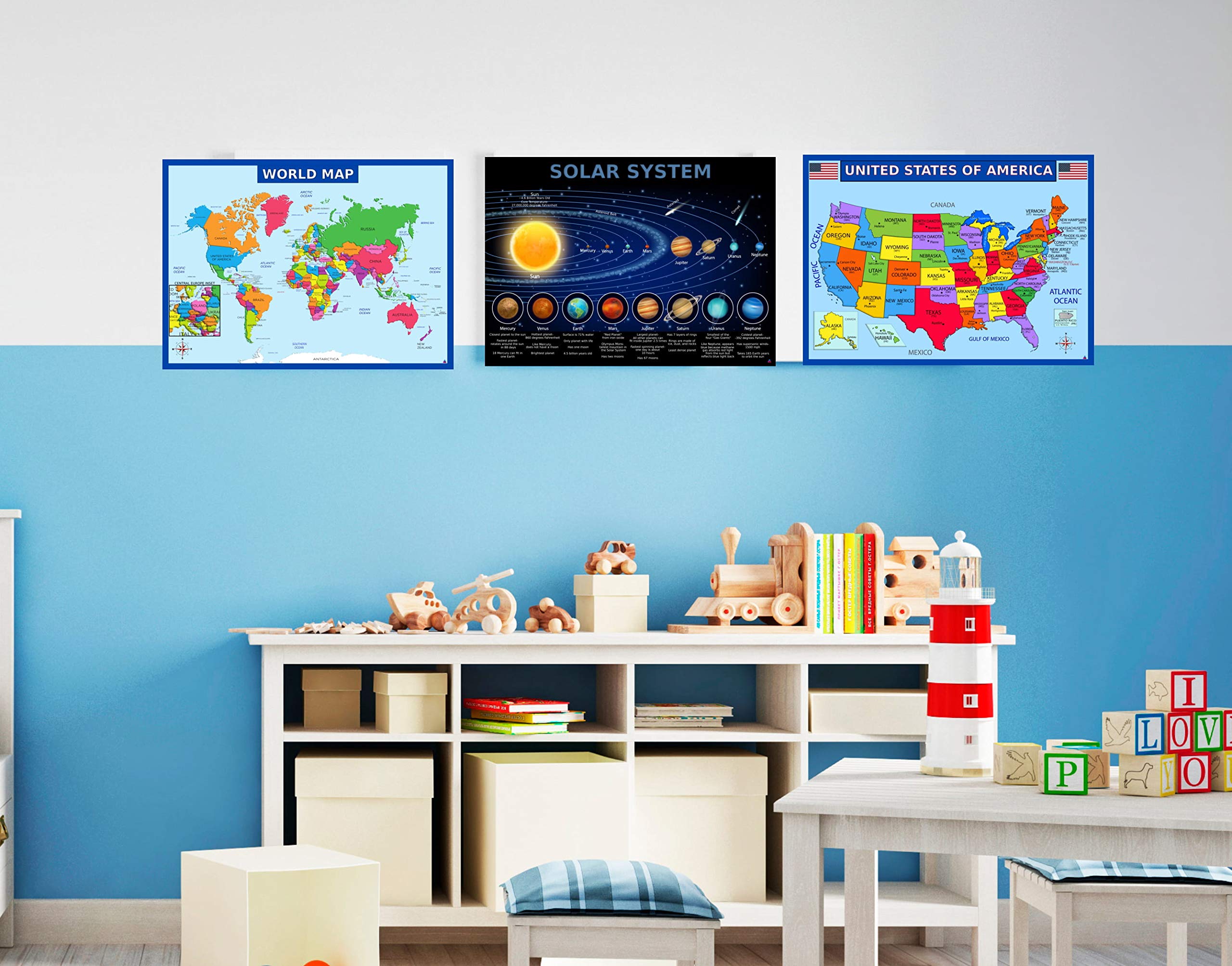 Educational World Map & Solar System Poster Set - Laminated 14x19.5 Inch USA Map & Space Chart for Kids Classroom Decor | Perfect for Elementary School Teachers, Homeschool Learning & Children's Bedroom Wall Art