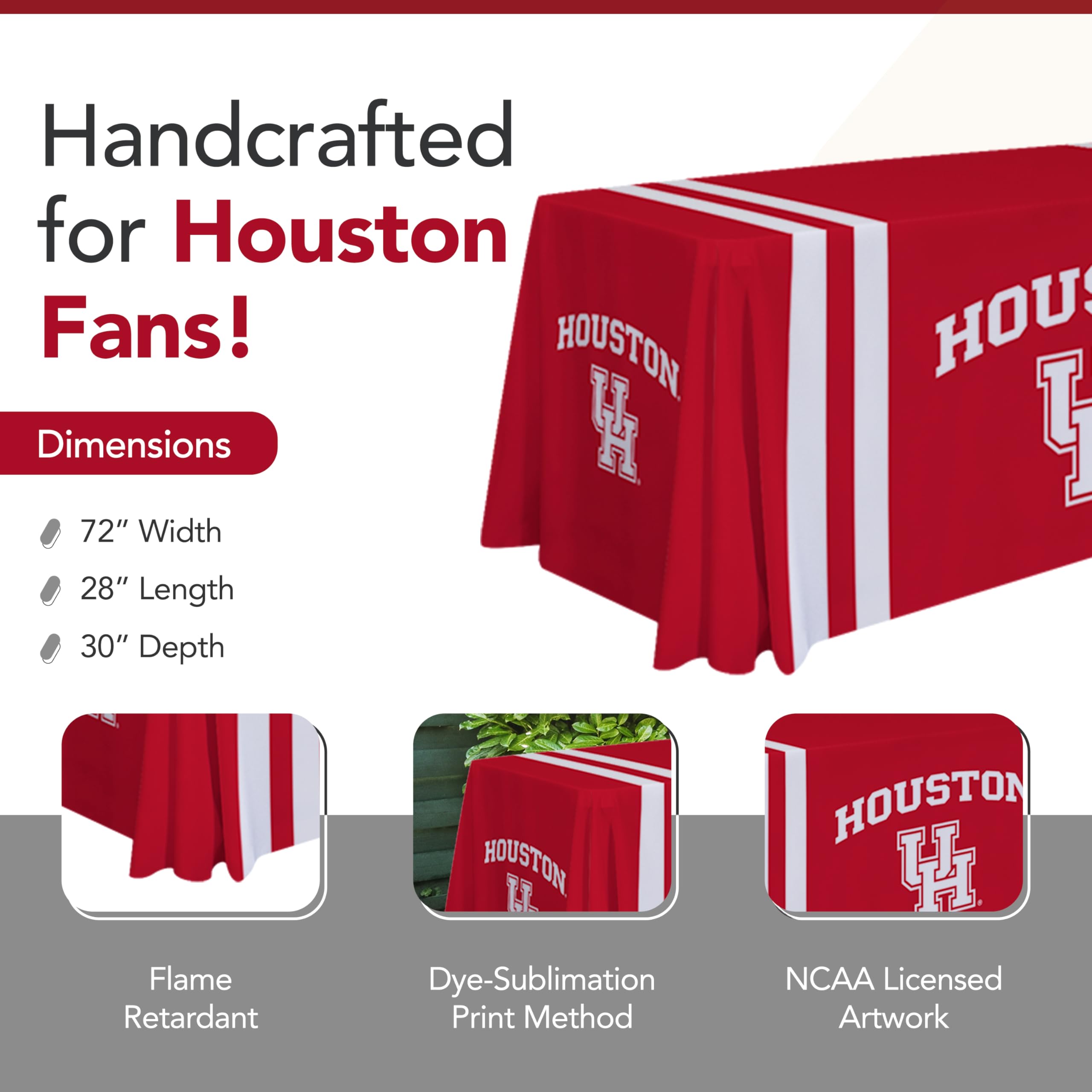 Houston Cougars 6ft NCAA Licensed College Sports Table Throw - Polyester Draped Tablecloth for Game Day Decor (White & Red) - Perfect for Tailgating, Dorm Room & Fan Cave Decorations
