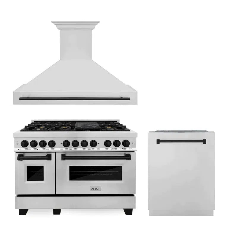 ZLINE Autograph Edition 48-inch Stainless Steel Dual Fuel Range with Range Hood & Dishwasher - Matte Black Accents Kitchen Package (3AKP RARHDWM48 MB) | Professional Cooking for Home Chefs & Entertaining