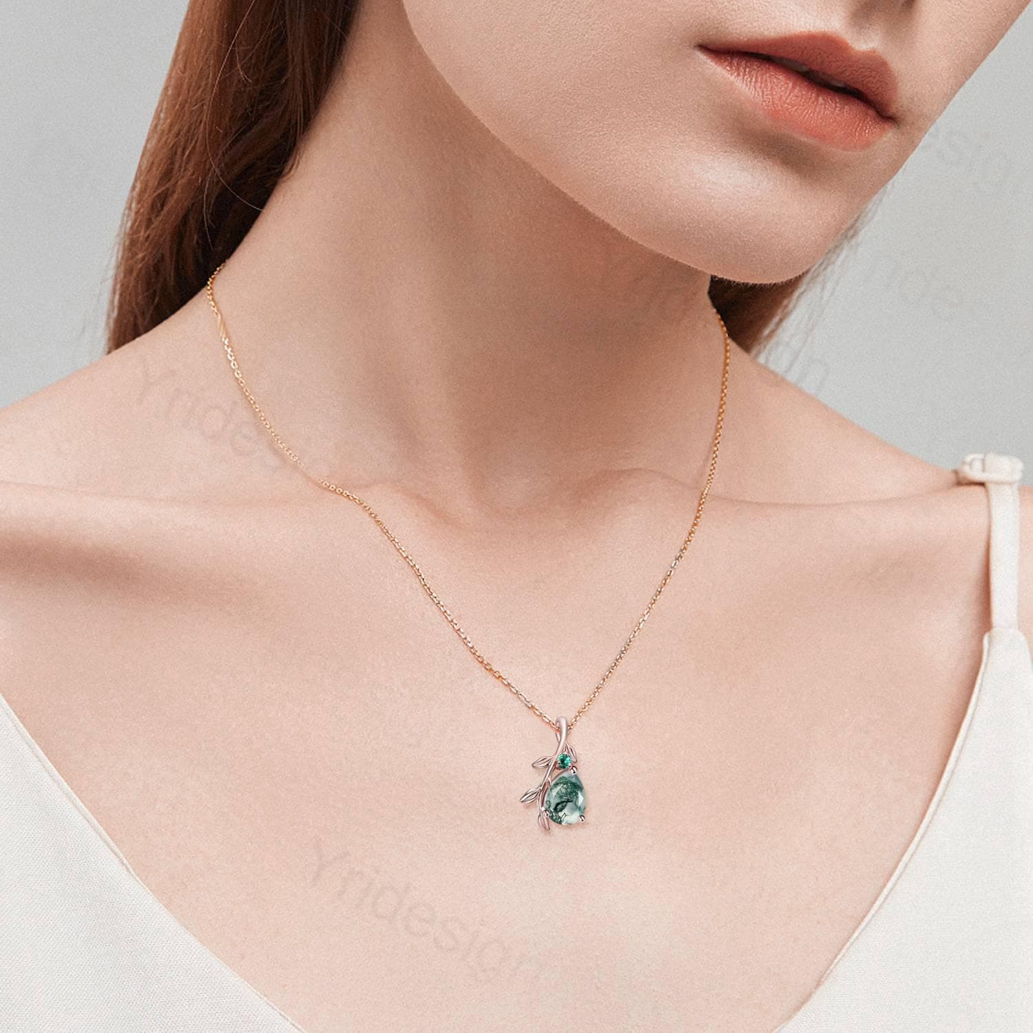 Natural Inspired Pear Shaped Moss Agate Pendant Necklace - Leaf Branch Emerald Silver & Rose Gold Green Agate Jewelry for Women - Perfect Promise, Anniversary & Birthday Gift for Her - Ideal for Weddings, Date Nights & Special Occasions
