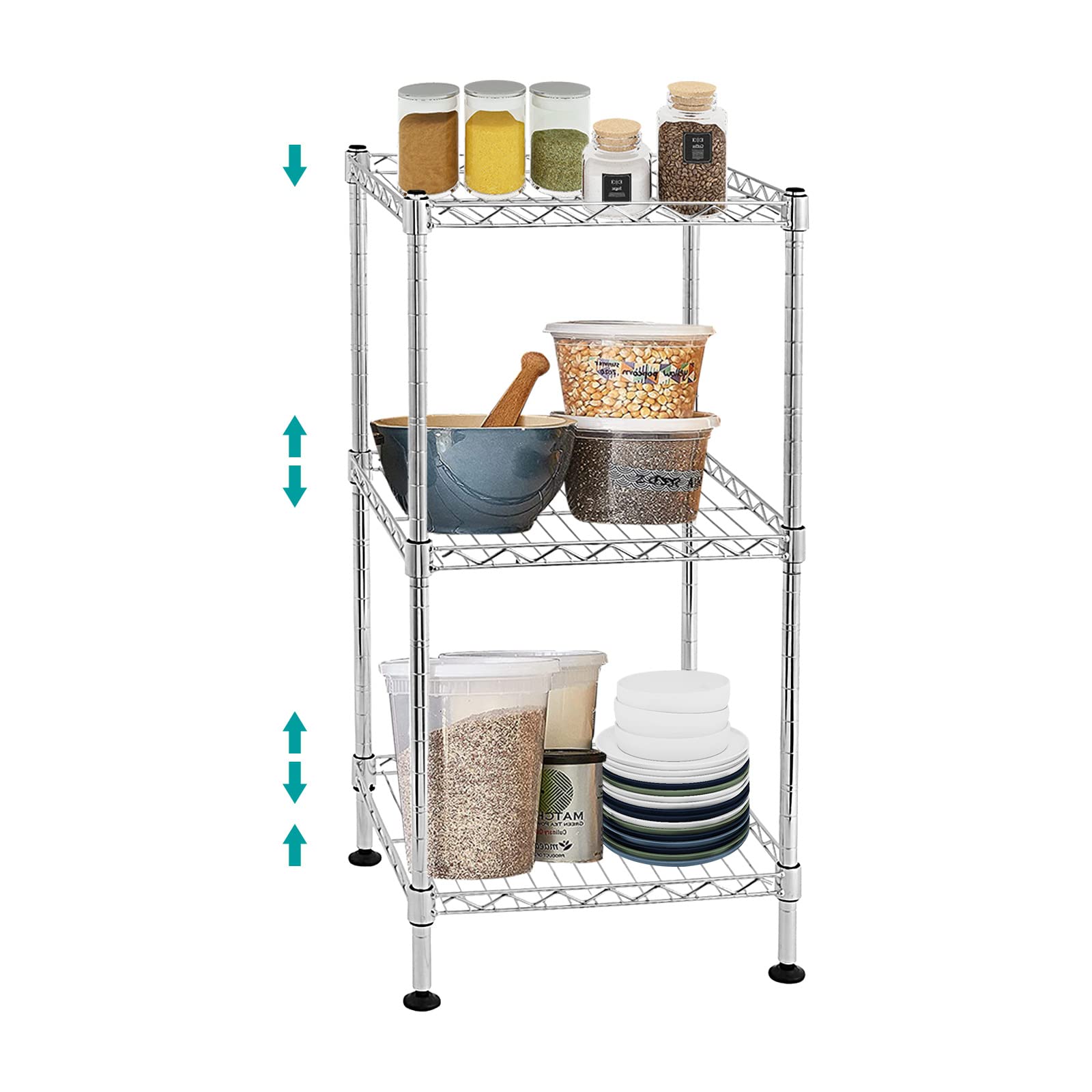 BNSPLY 3-Tier Adjustable Metal Wire Shelving Unit - NSF Certified Heavy Duty Storage Rack with Leveling Feet for Laundry Room, Bathroom, Kitchen, Pantry & Closet Organization - Chrome Finish for Home & Office Use
