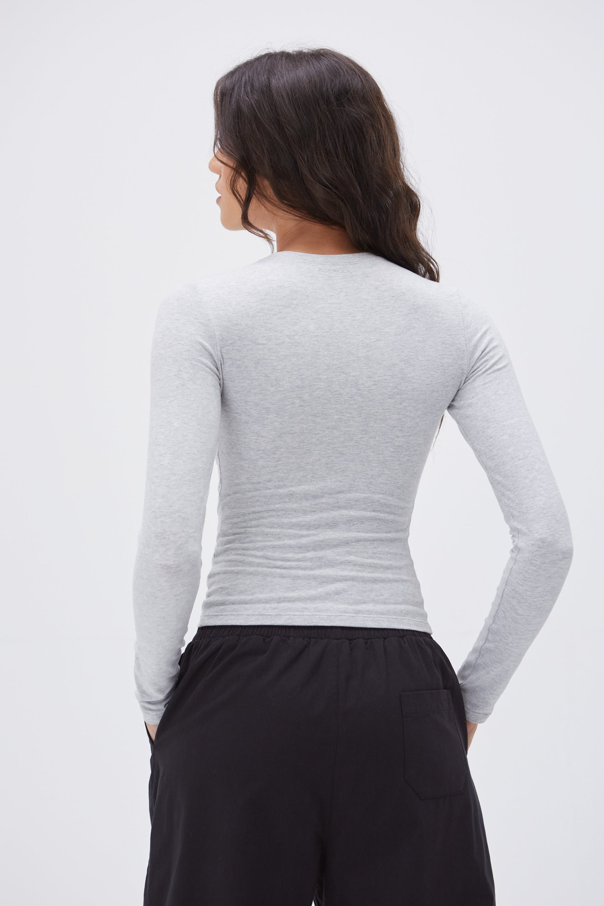 Premium Cotton Long Sleeve T-Shirt for Women - Soft Grey Melange Crewneck Top - Casual Wear, Layering & Everyday Comfort
