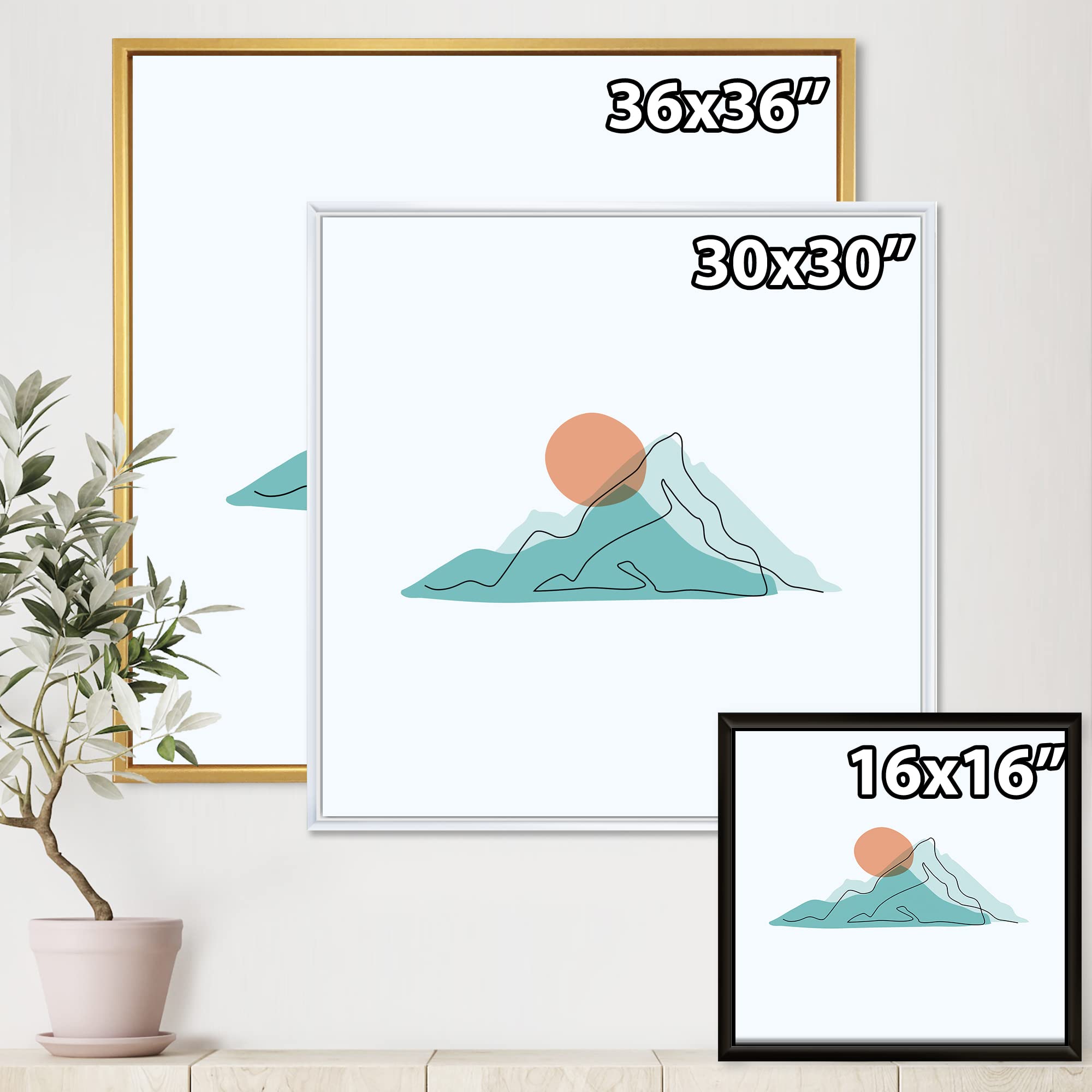 DesignQ Red Moon Over Abstract Blue Mountains II - Modern Framed Canvas Wall Art Print for Living Room, Bedroom & Office Decor | Large Contemporary Landscape Painting Home Decoration