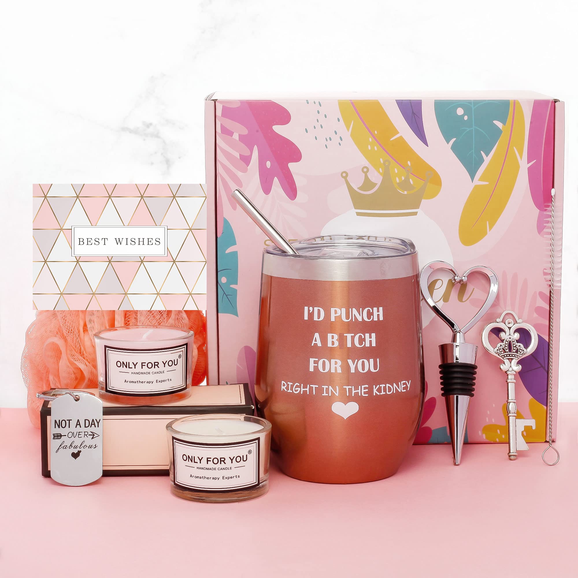 Best Friend Birthday Gifts for Women - Funny BFF Gifts, Sister Gifts, Unique Friendship Presents - Relaxing Spa Gift Box with Wine Tumbler & Scented Candle - Perfect for Mom, Her Sister or Bestie - Great for Birthdays, Galentine's Day & Self-Care Moments