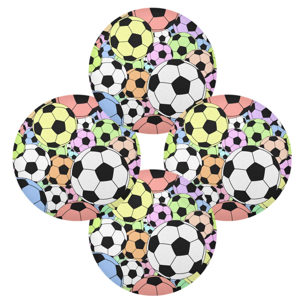 Colorful Soccer Footballs Non-Slip Round Place Mats - Set of 6, 15.4 Inch, Perfect for Kitchen, Dining Room, and Holiday Gatherings