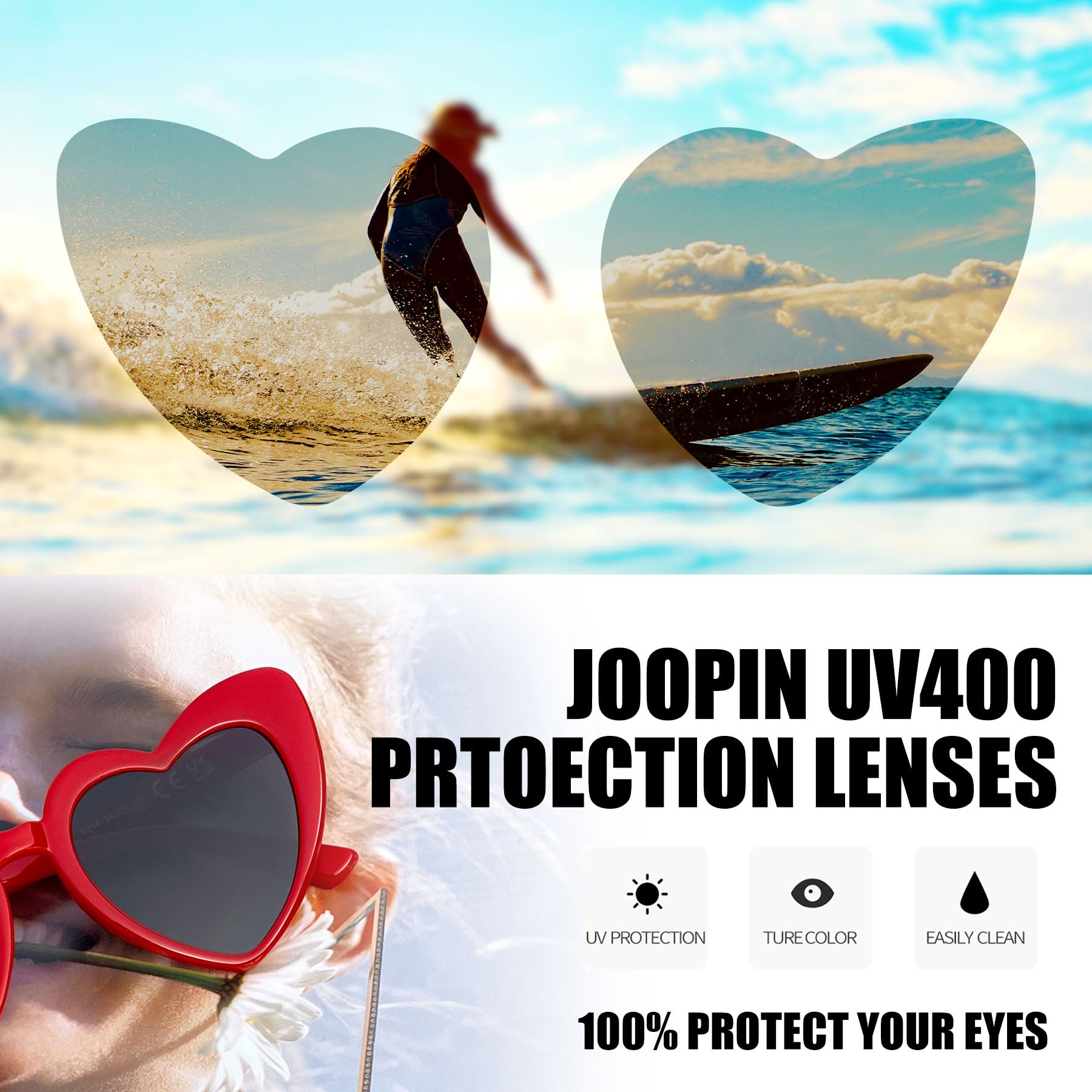 Joopin Trendy Heart Sunglasses for Women - Retro Heart Shaped UV Protection Sunglasses - Dark Lens Fashion Shades for Rave, Costume & Summer Outdoor Activities