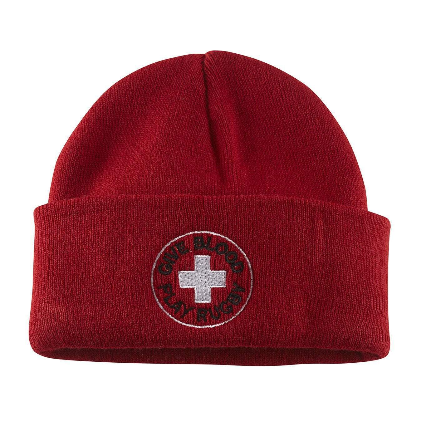 Give Blood Play Rugby Cuffed Knit Beanie - Warm Winter Hat for Rugby Fans & Blood Donors - Perfect for Cold Weather, Sports Events, and Charity Support