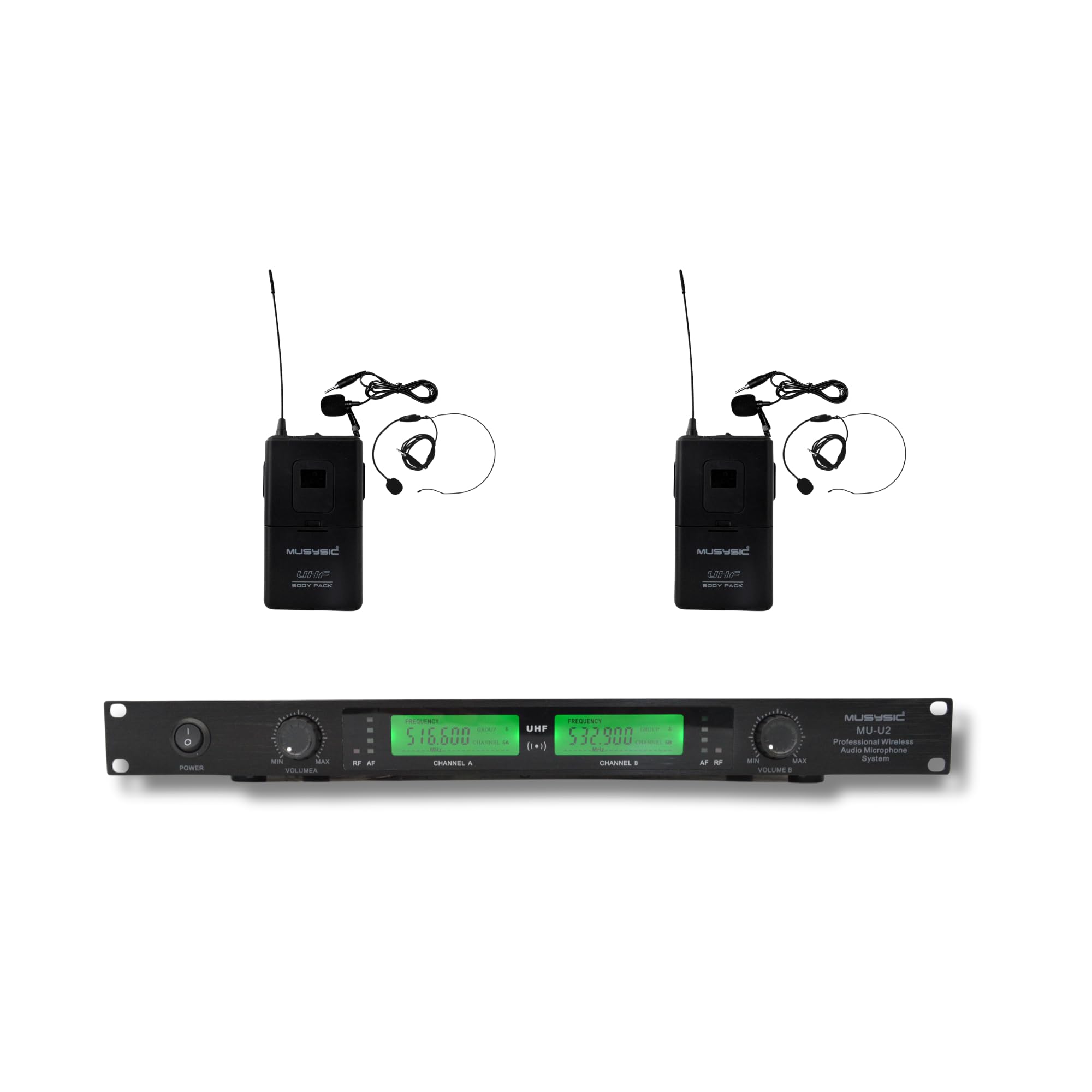 MUSYSIC 2-Channel Professional Wireless UHF Microphone System with 300ft Range - Fixed Frequency Bodypack Headset & Lapel Mic for Singing, Karaoke, Church, DJ, Public Speaking, Presentations & Live Performances
