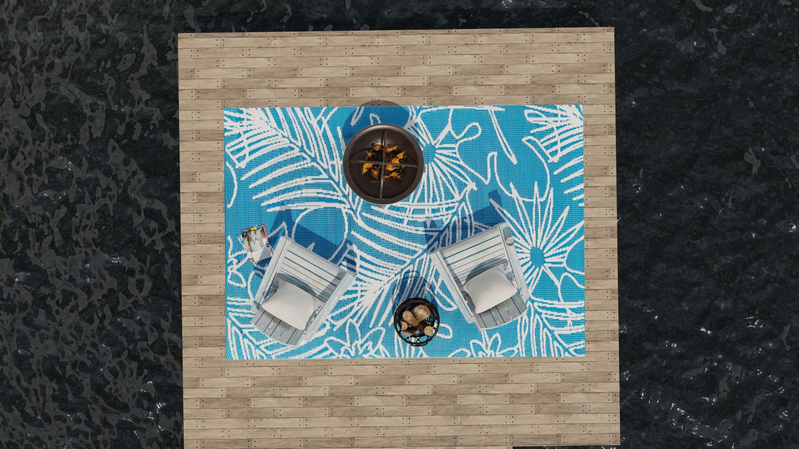 Mad Mats Reversible Plastic Outdoor Rug - 6' x 9' Turquoise/White Palm Design for Patio, Porch, Deck, Kitchen & Bath - Durable & Easy to Clean for Indoor/Outdoor Use