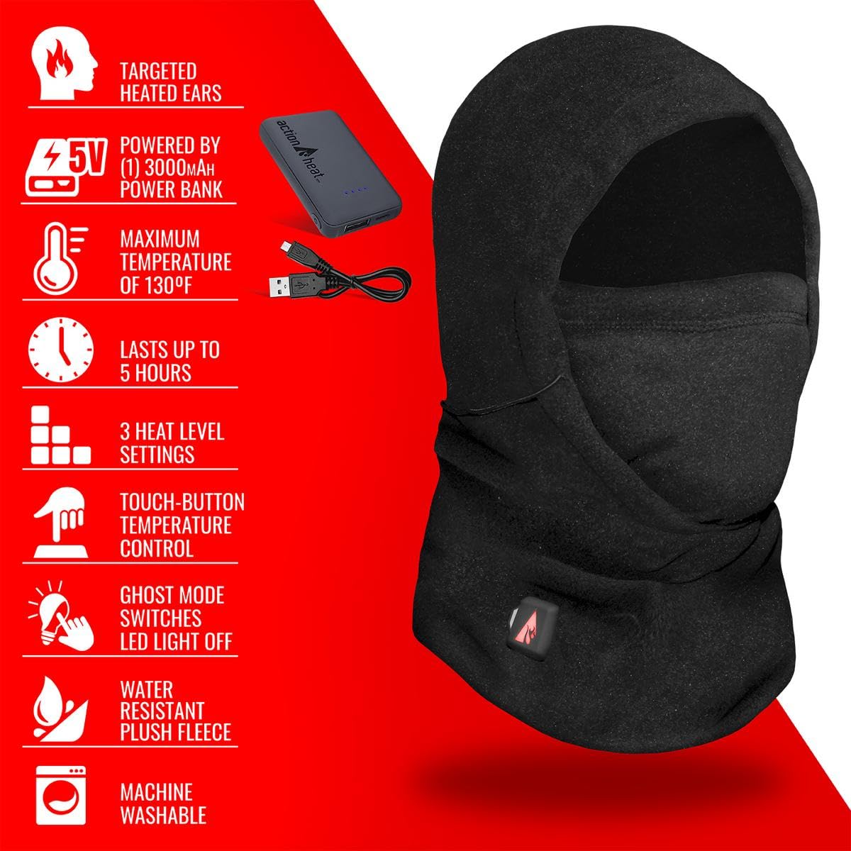 ActionHeat 5V Battery Heated Fleece Balaclava Face Mask for Men & Women - Winter Warm Unisex Heated Hat for Skiing, Snowboarding & Outdoor Activities