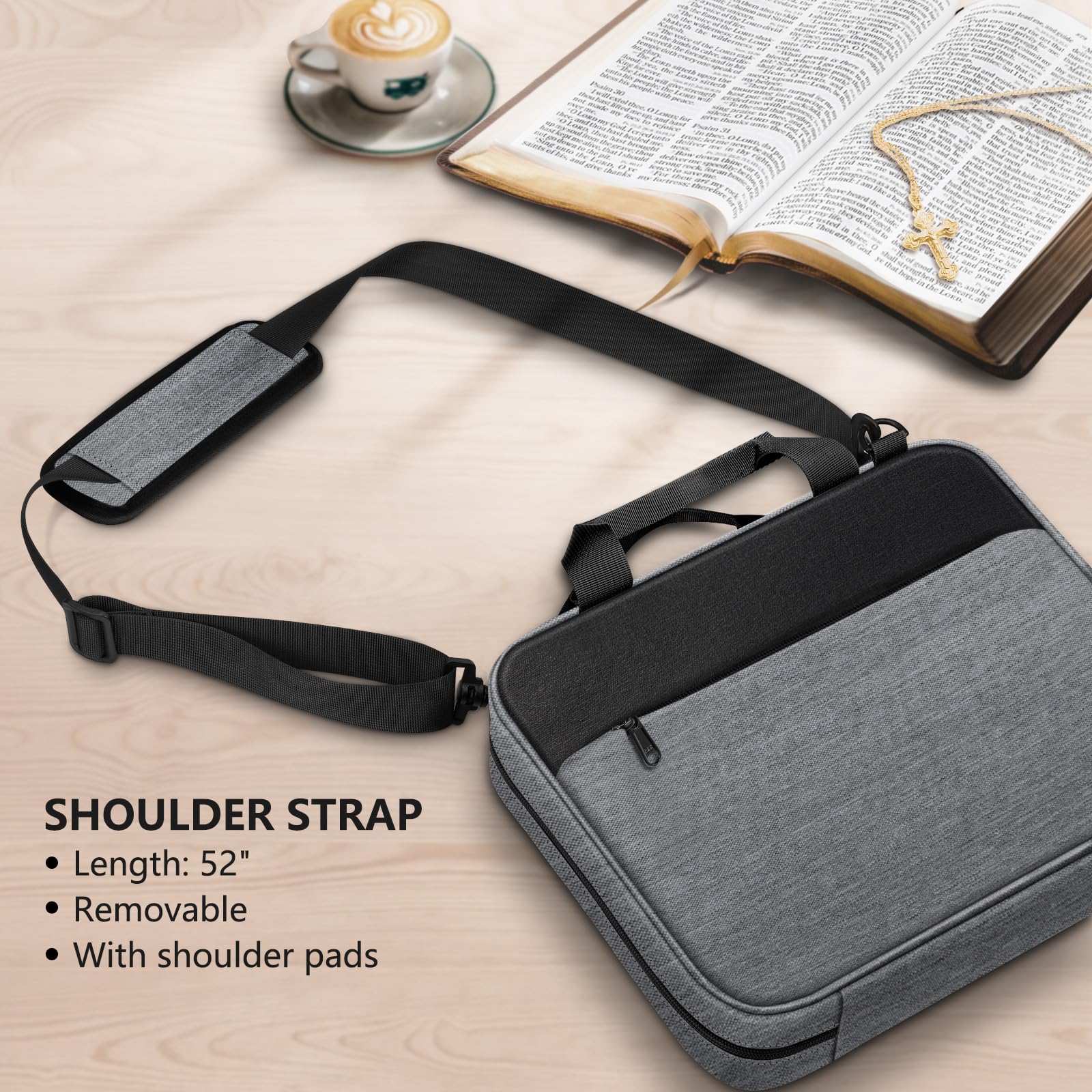 FINPAC Extra Large Bible Cover with Detachable Shoulder Strap & Zippered Pocket - Durable Church Book Bag for Bible Protection - Perfect Gift for Men & Women (Gray) - Ideal for Church, Travel & Daily Bible Study
