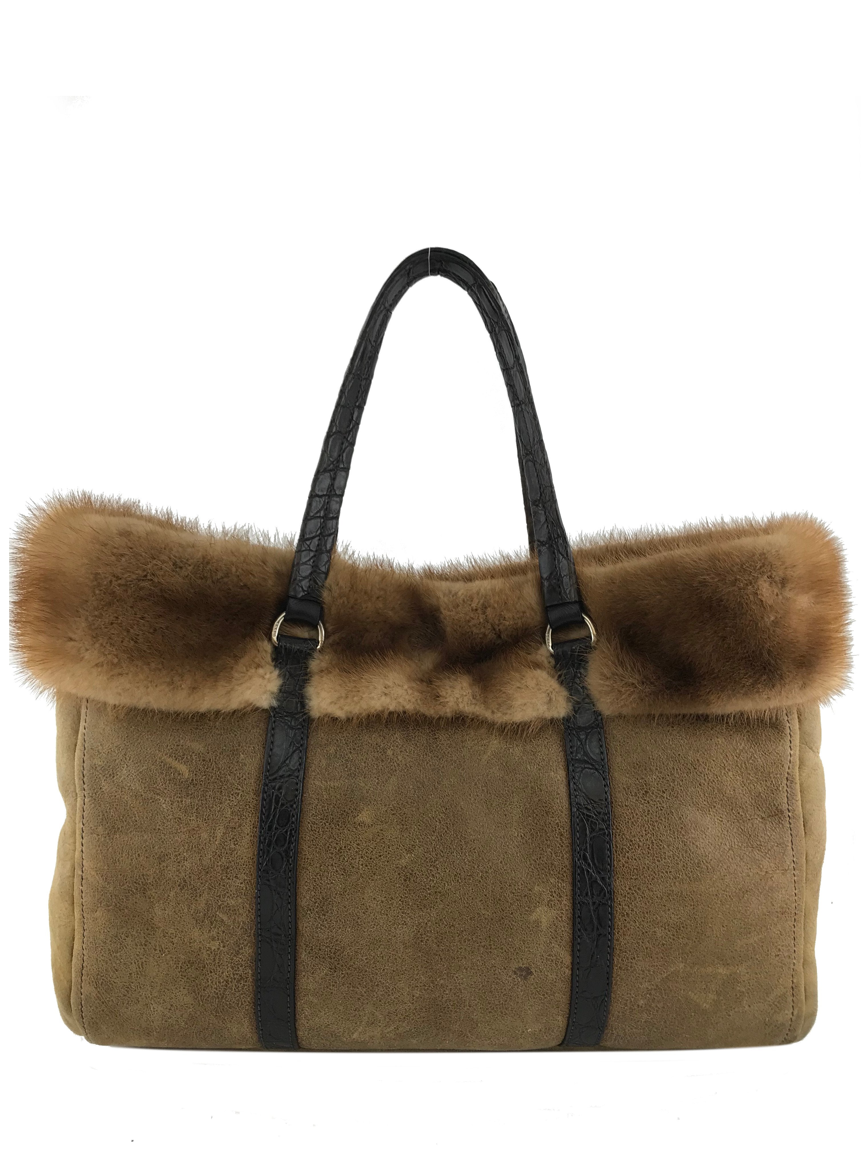 Prada Distressed Leather Mink Fur Tote Bag for Women - Luxury Designer Handbag for Shopping, Work & Travel | Stylish Everyday Purse for Office & Outings