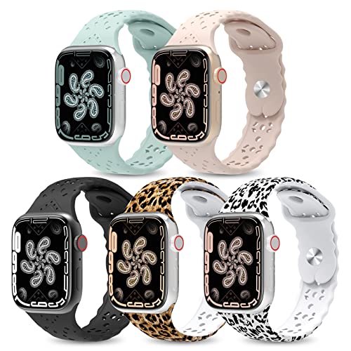 5 Pack Lace Silicone Bands for Apple Watch 38mm 40mm 41mm 42mm 44mm 45mm - Soft Breathable Sport Strap Compatible with iWatch Series 8/7/6/5/4/3/2/1/SE - Women's Fashion Replacement Wristbands for Workout, Running & Daily Wear