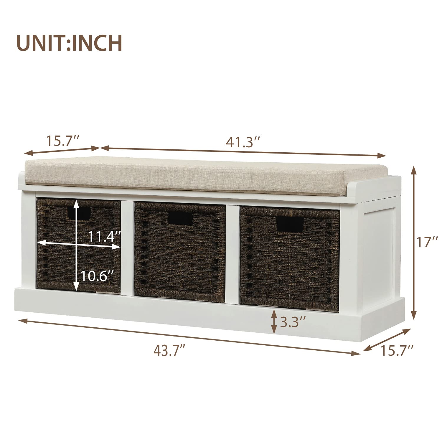 Rustic Entryway Storage Bench with Removable Cushion & 3 Rattan Baskets - Antique White Wooden Hallway Bench for Bedroom, Living Room & Entrance Organization | Perfect for Small Space Decor & Shoe Storage