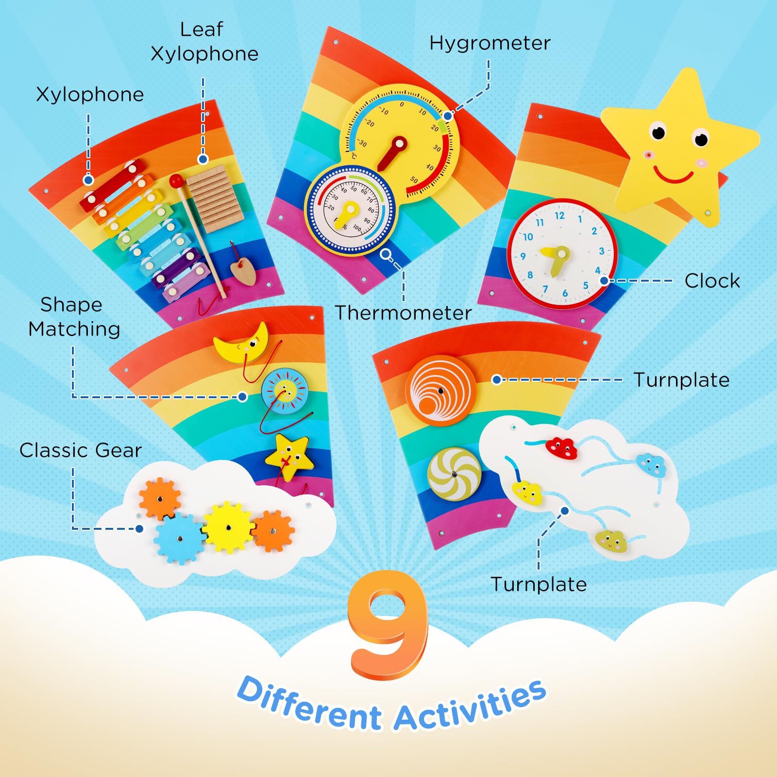 Joyibay Rainbow Sensory Wall Panel - Wooden Busy Board with 9 Sensory Activities for Toddlers | Educational Toy for Bedrooms, Daycares & Playrooms | Montessori Learning & Fine Motor Skills Development