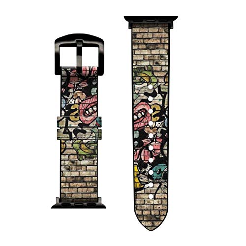 CA0697 Graffiti Style Leather & Silicone Apple Watch Band - Compatible with 42mm/44mm/45mm iWatch - Trendy Unisex Replacement Strap for Workout, Casual & Fashion Wear