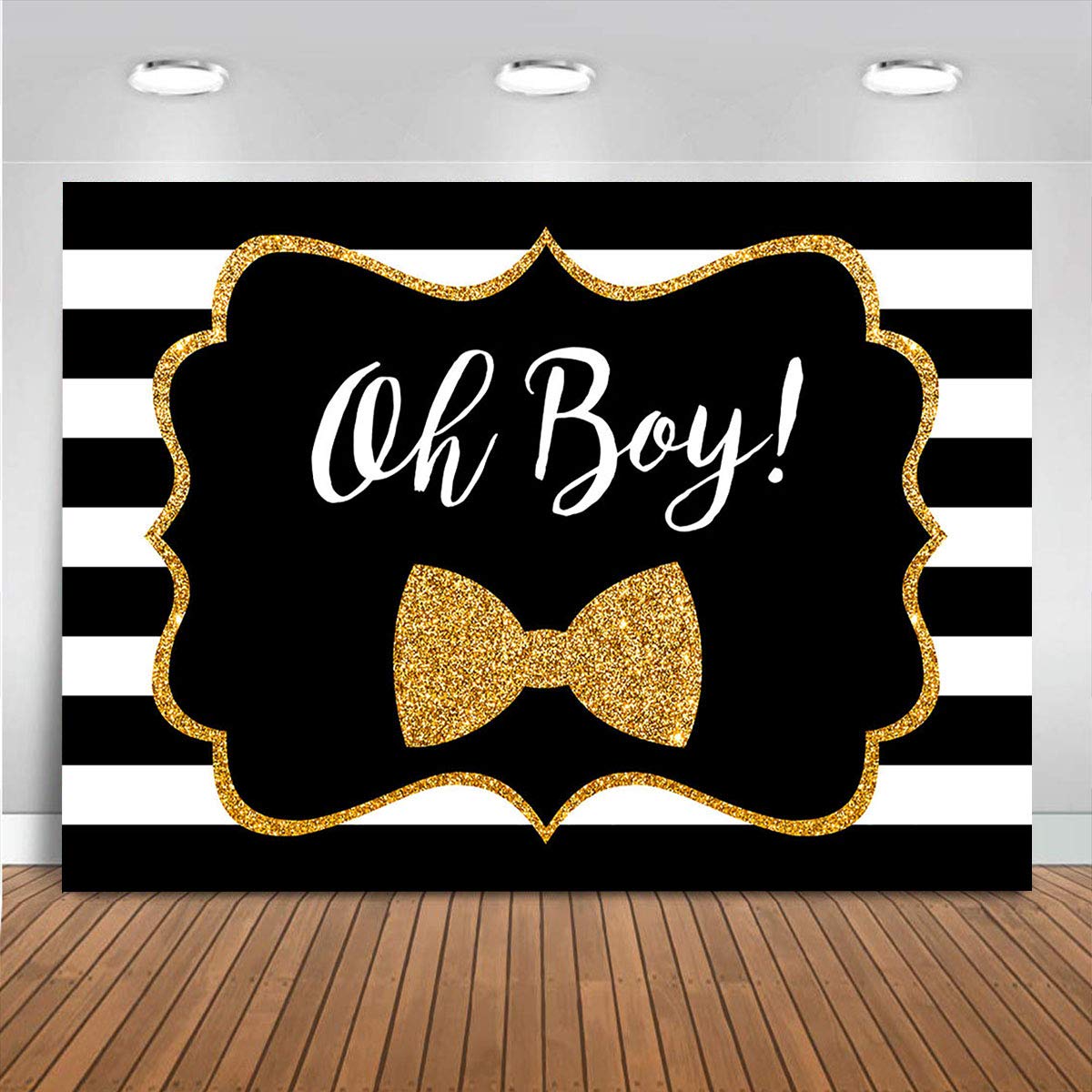 Black and White Stripes Baby Shower Backdrop with Golden Bow Tie - 6x4ft Vinyl Photo Booth Background for Gentleman Theme Birthday Party, Newborn Photography Props - Perfect for Baby Announcements, Gender Reveals & 1st Birthday Decorations