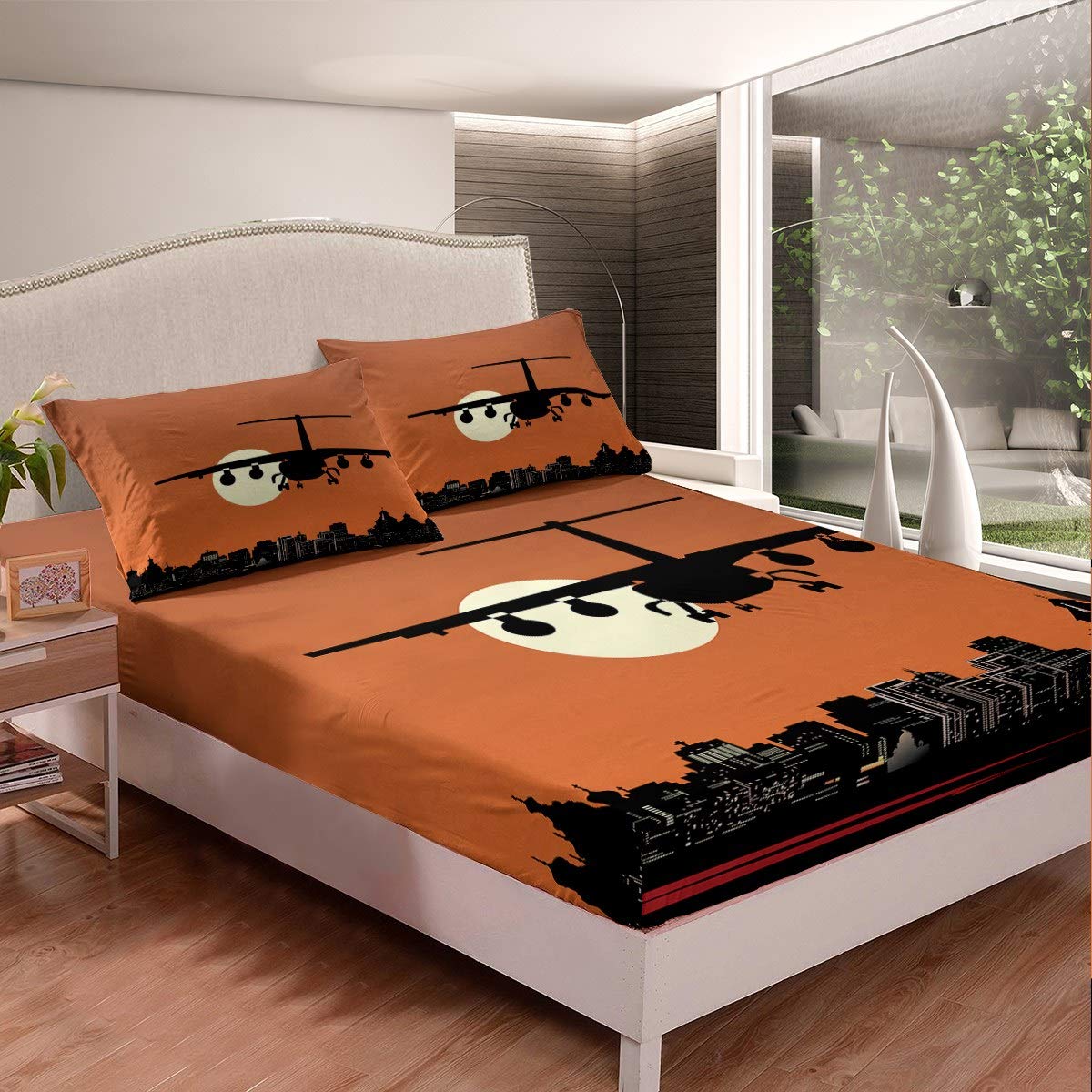 Cartoon Aircraft Pattern Bedding Set - City Sunset Printed Duvet Cover & Ultra Soft 3-Piece Sheet Set (1 Fitted Queen Sheet + 2 Pillowcases) for Kids Room, Airplane Themed Bedroom Decor