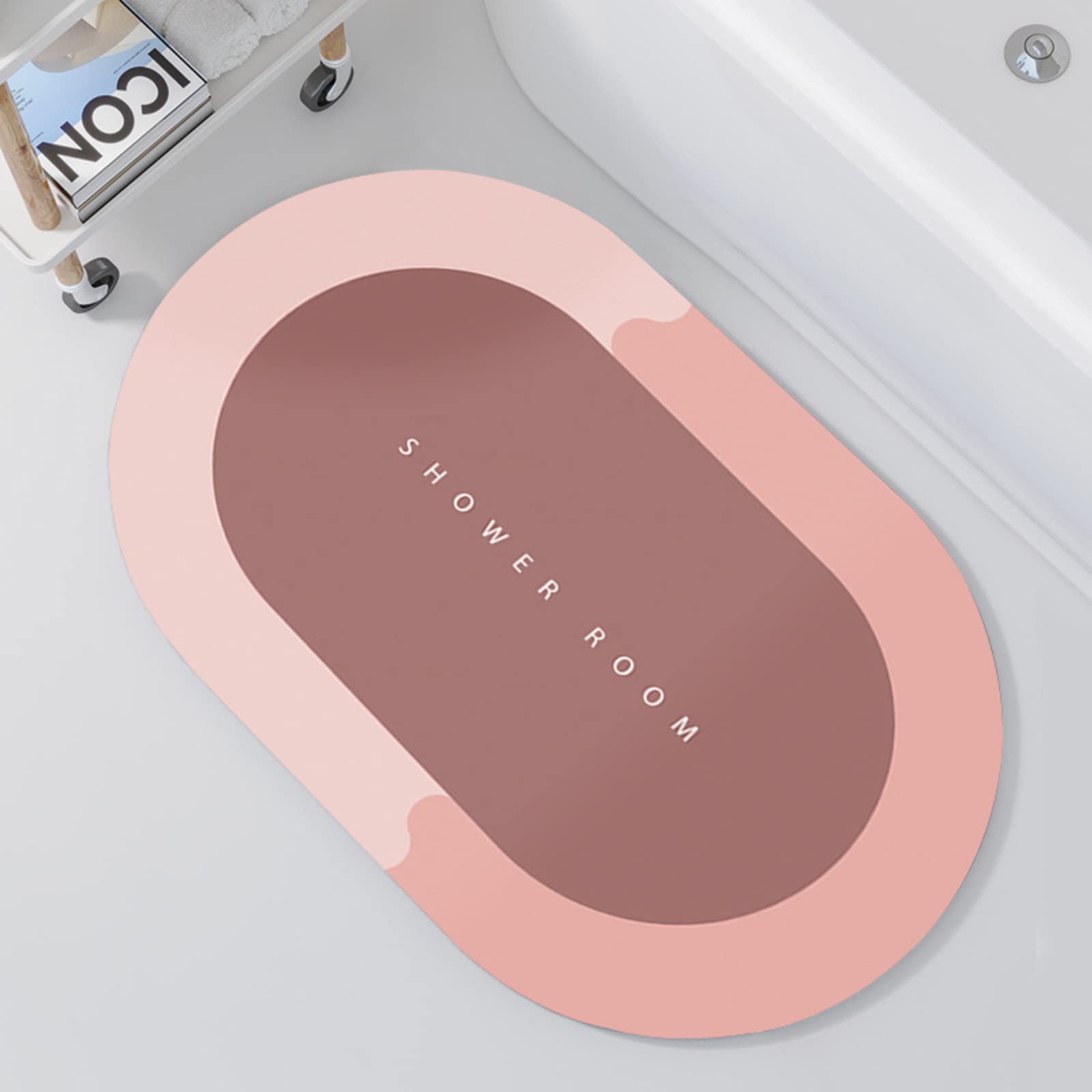Super Absorbent Bath Mat - Non-Slip Quick Dry Microfiber Bathroom Rug, Morandi Pink Diatom Mud Floor Mat (23.6x35.4 Inch Oval) for Shower, Bathtub & Home Decor