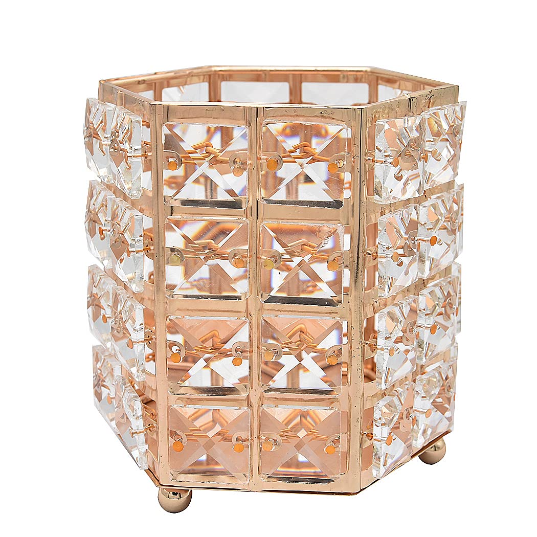 Handmade Crystal Makeup Brush Holder & Eyebrow Pencil Organizer - Hexagon Gold Cosmetic Storage for Vanity, Bathroom, Office Desk | Perfect for Makeup Artists & Beauty Enthusiasts