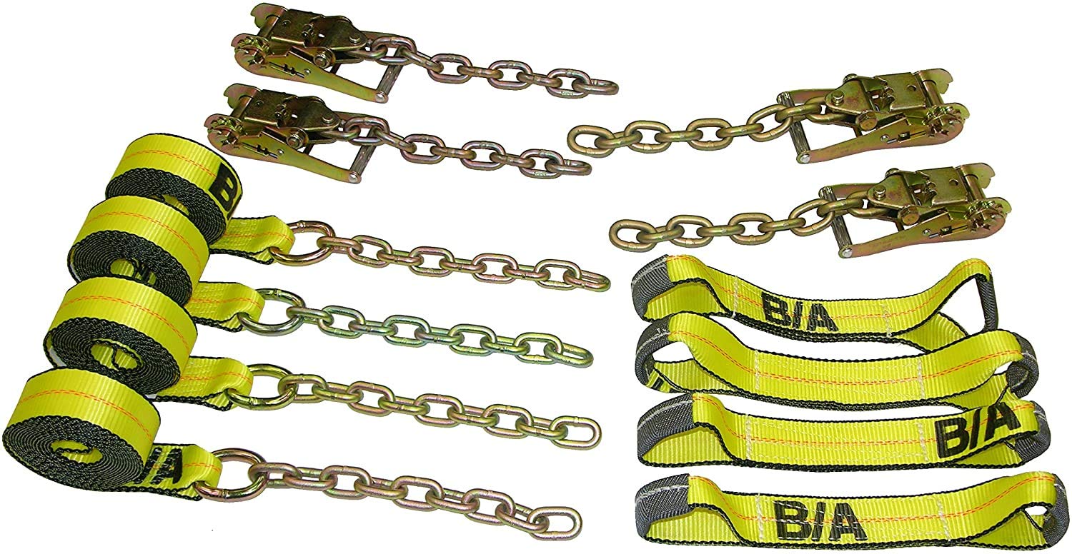 **38-8218C 8-Point Rollback Tie Down Kit for Flatbed Tow Trucks – Gradual Release Ratchet Straps with 18' Chains – Heavy-Duty Recovery Straps for Car Hauler & Carrier – Ideal for Towing, Transport & Vehicle Securing**