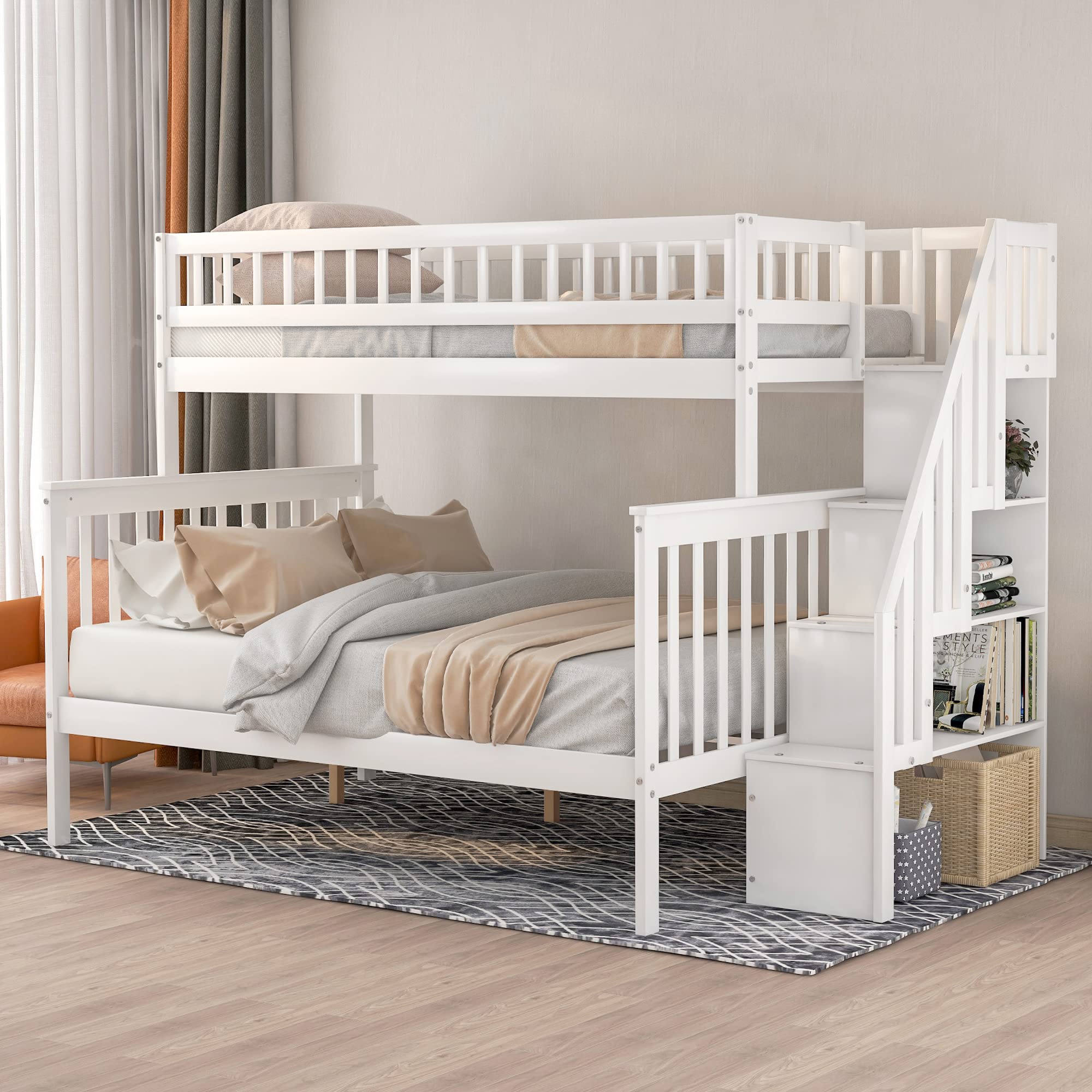 **Space-Saving Twin Over Full Bunk Bed with Stairs - Wooden Convertible Bunk Bed Frame with Storage & Safety Guard Rail - Splits into 2 Separate Beds (White) - Perfect for Kids' Rooms, Guest Rooms & Small Spaces**
