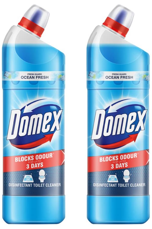 **Domex Fresh Guard Disinfectant Toilet Cleaner Liquid - Ocean Fresh Scent, 1 Liter (Pack of 2) | Kills 99.9% Germs, Long-Lasting Freshness for 100 Flushes | Ideal for Bathrooms, Toilets & Homes**