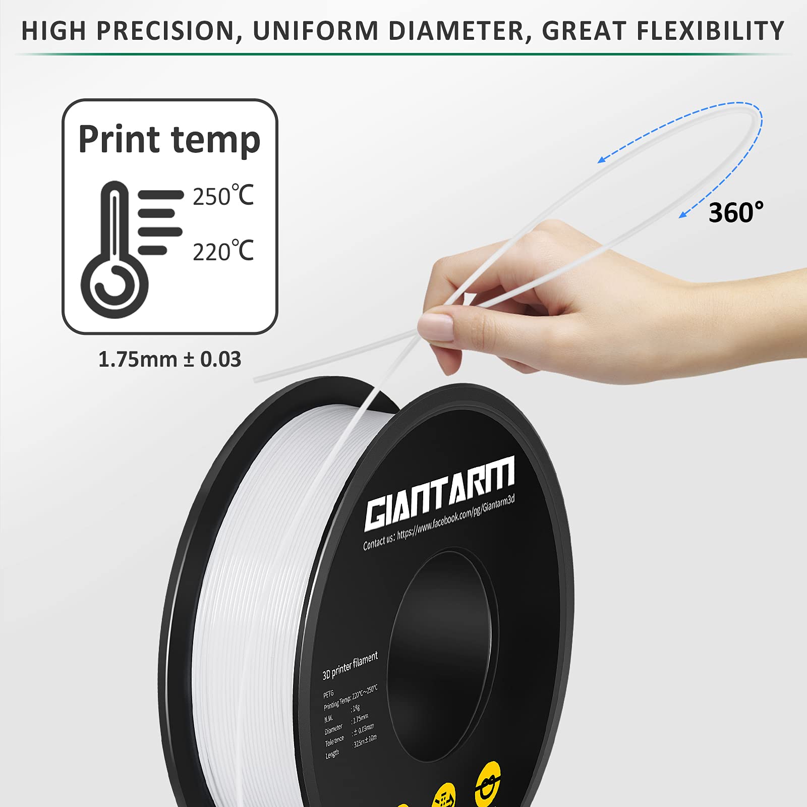 GIANTARM 1.75mm PETG Filament for 3D Printers - 1kg Spool, White | High Precision +/-0.02mm | Ideal for Functional Parts, Cosplay Props & DIY Projects
