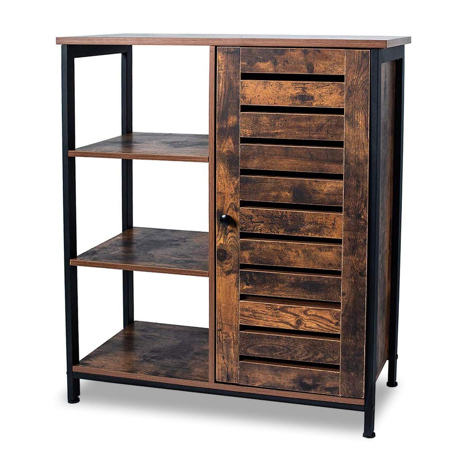 Rustic Brown Freestanding Bathroom Storage Cabinet with 3 Open Shelves & Closed Compartments - Multi-Purpose Floor Cabinet for Entryway, Kitchen, Living Room & Bedroom Organization | Perfect for Small Space Storage & Home Decor